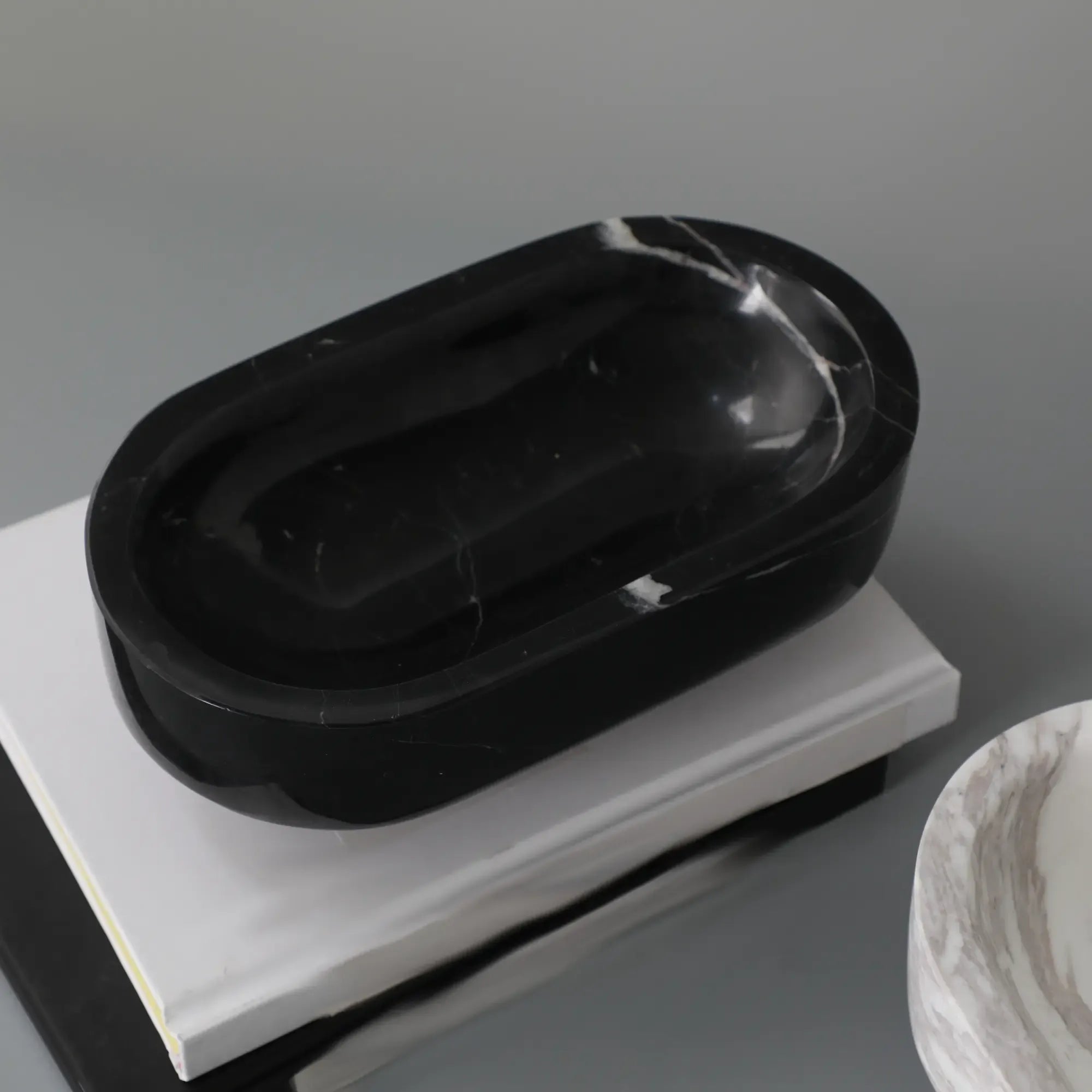 Marmorschale - oval mit Fuß - Massive Steinschale Design Deko-Schale Obsidian Tray Default Title