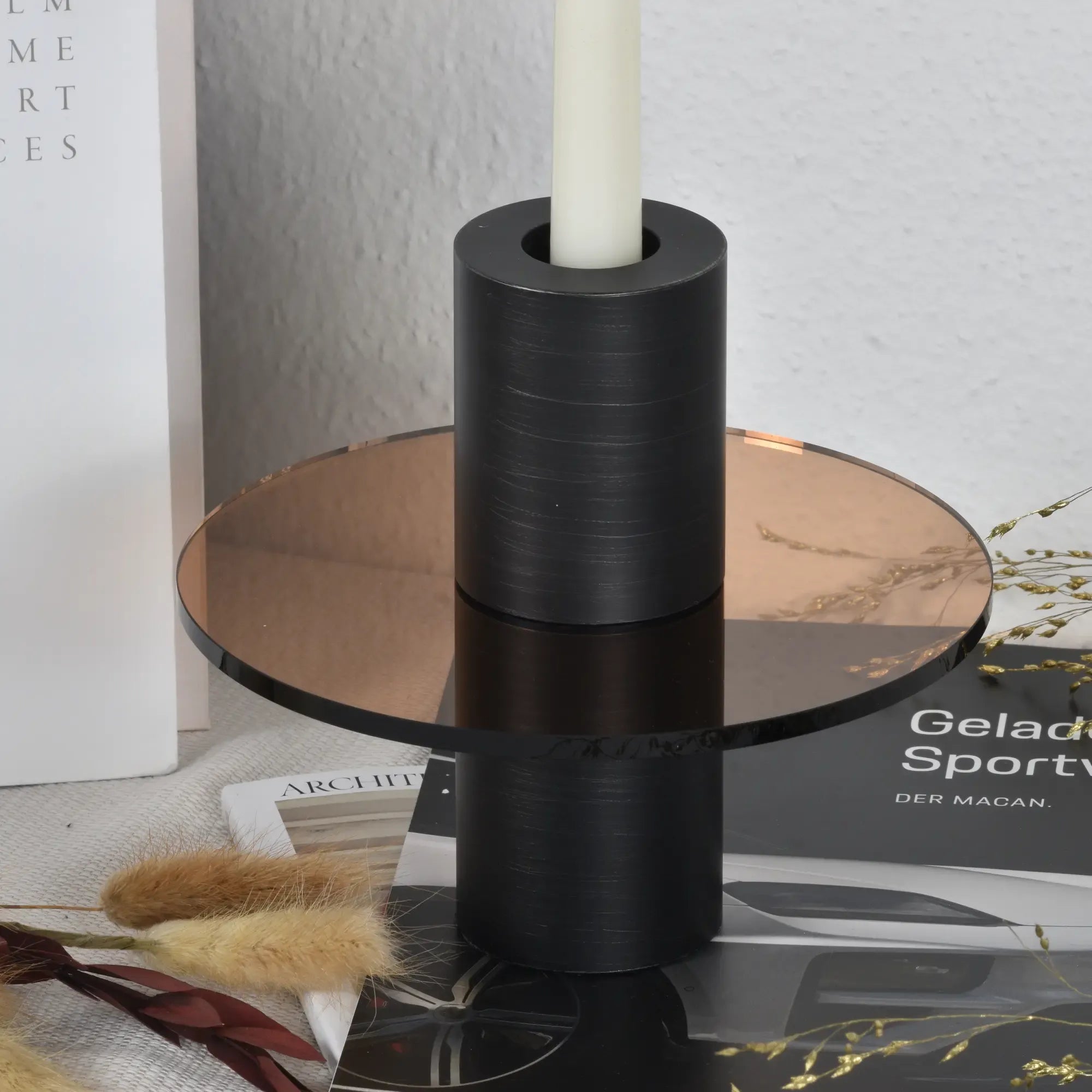 Kerzenständer - mit Kupfer Glasplatte - Design Kerzenhalter rund Edelstahl Portacandela Giro