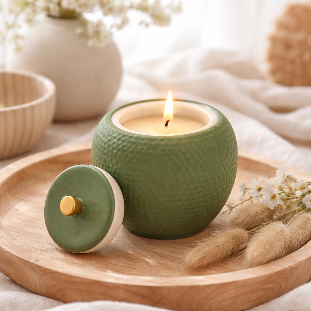 Deko Duftkerze aus veganem Sojawachs im edlen Keramikgefäß mit Deckel