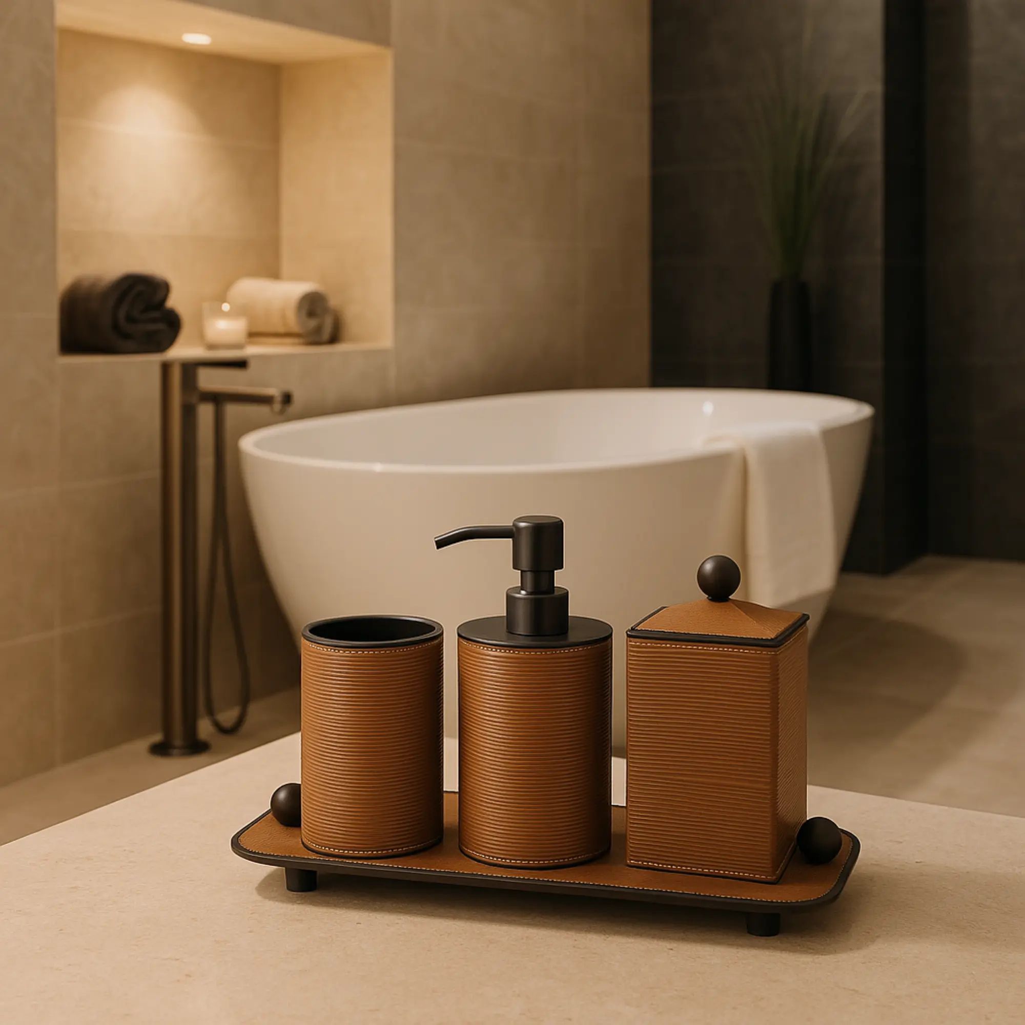 Baddeko-Set - aus 4 Teilen - Luxus Feinleder Badset Seifenspender Eleganza Bath Default Title
