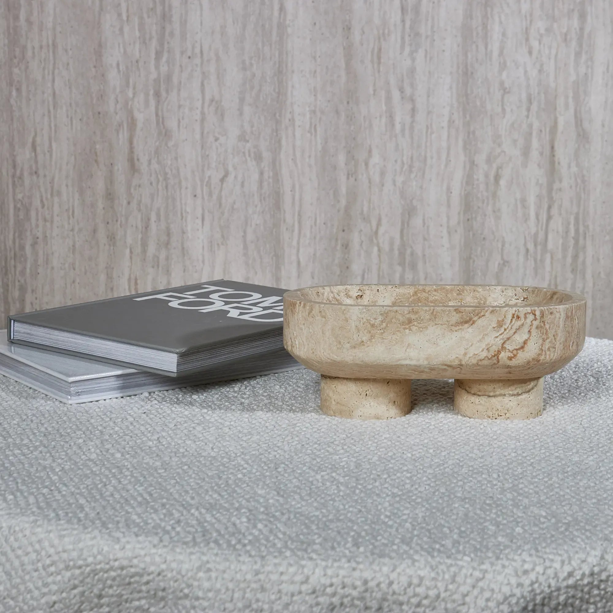 Travertin-Schale - oval auf 2 Füßen - Dekoration- Küchenschale Argos