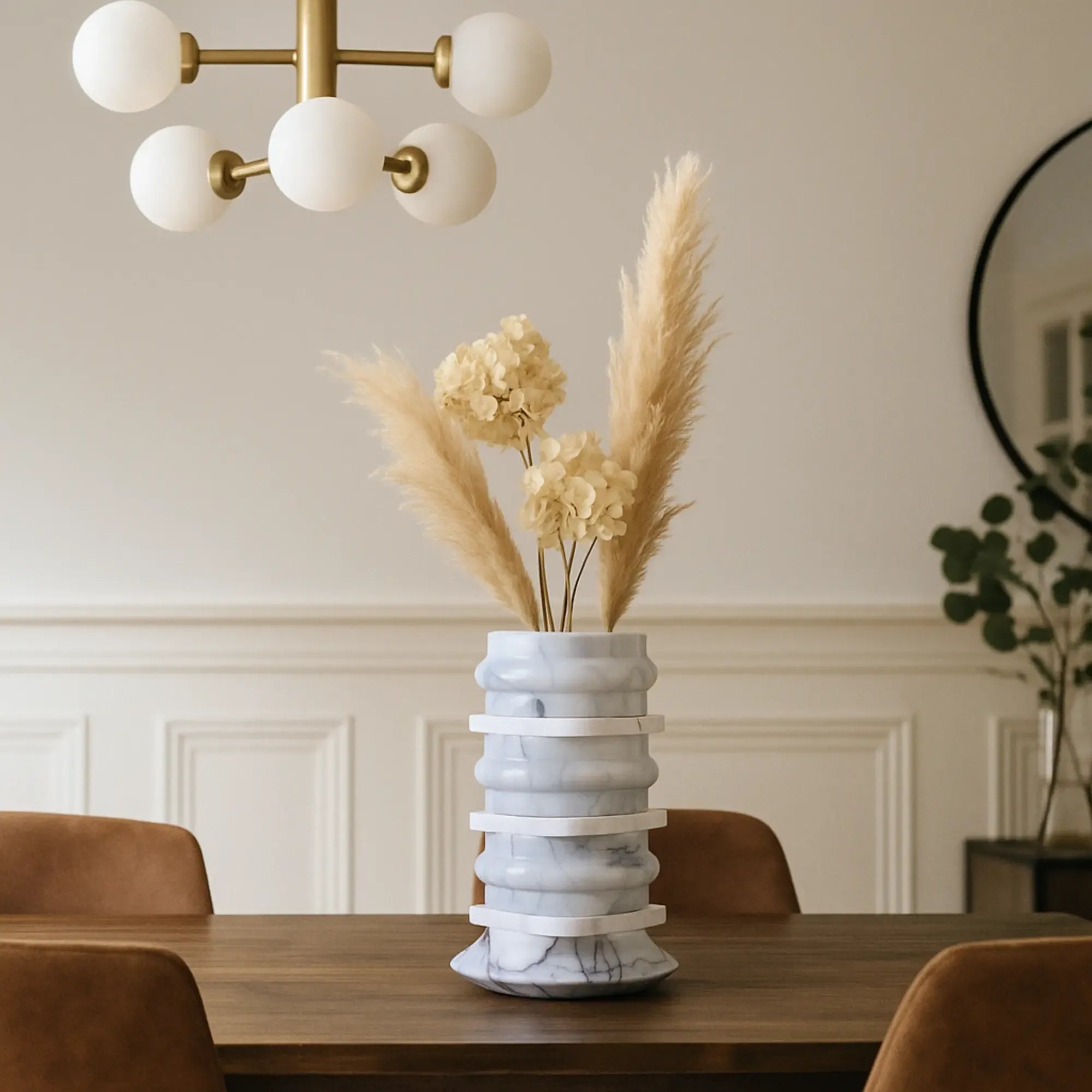 Marmordeko - mit Dekosäule - schwere runde Dekovase Fortaleza Gris Grau