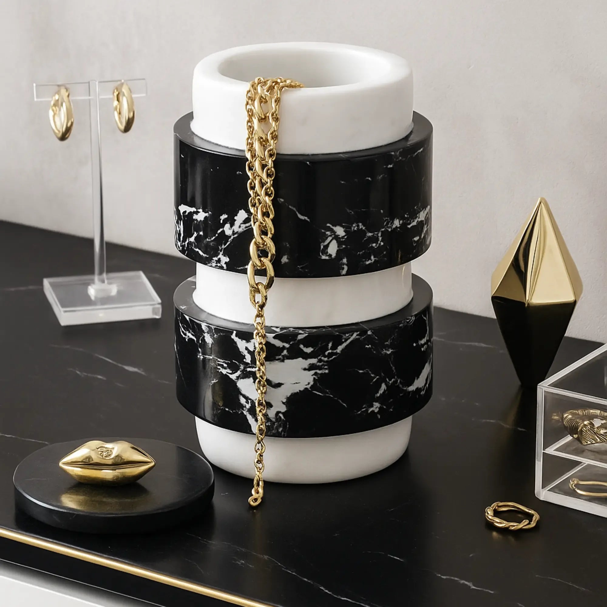 Schmuckkästchen - mit Deckel rund - Design Marmordose Dekorative Schmuckaufbewahrung Piernas Noir