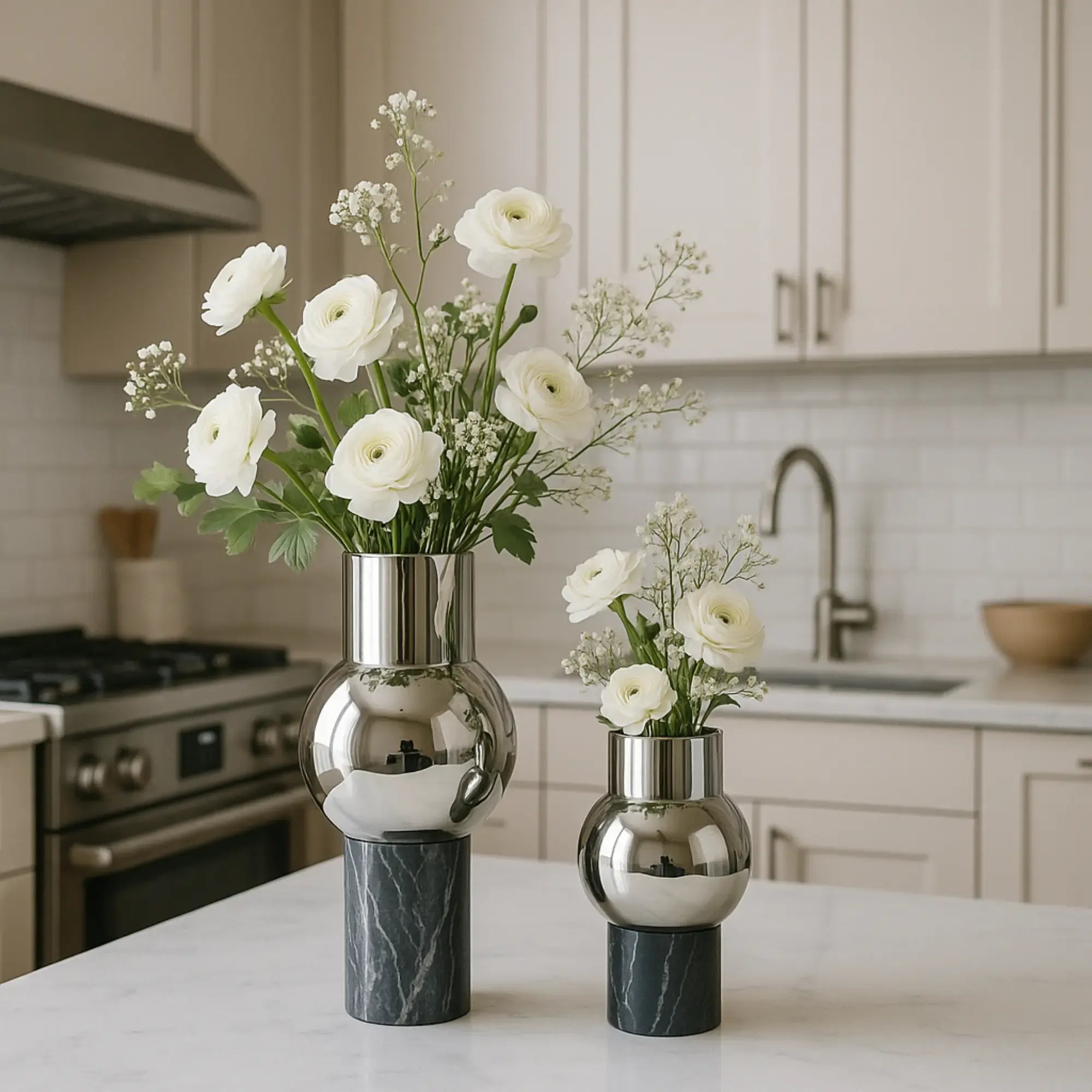 Vase - mit Marmorgestell - Runde Tischvase Edelstahlvase Fatroly