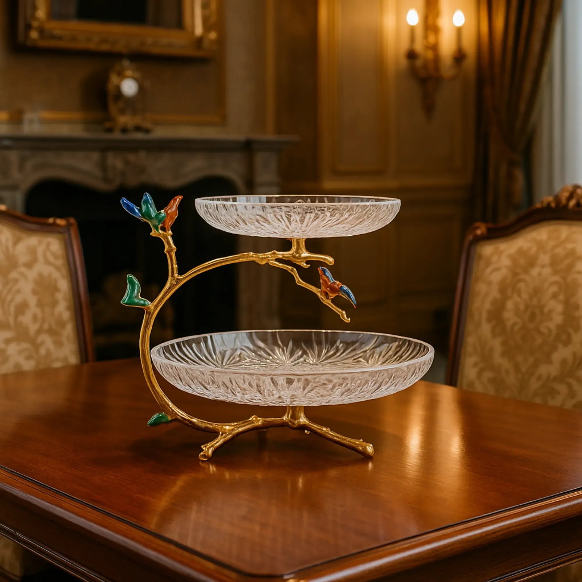 Dessertetagere - zweistufig Glas - Dessertteller klassische Etagere Vögel
