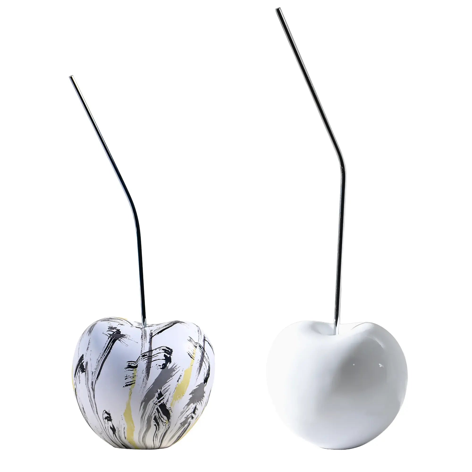 Kirschfigur - Skulpturales Deko-Objekt Kirsche – Keramik Weiß, Edelstahl-Stiel – Brush-Art & Hochglanz Variante – Aurea Bianca Klassisches Weiß