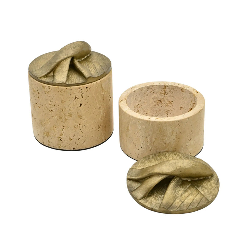 Aufbewahrungsbox - Schmuckdose aus Naturstein mit Messing-Deckel - Runde Design-Dose Aurea Travertina