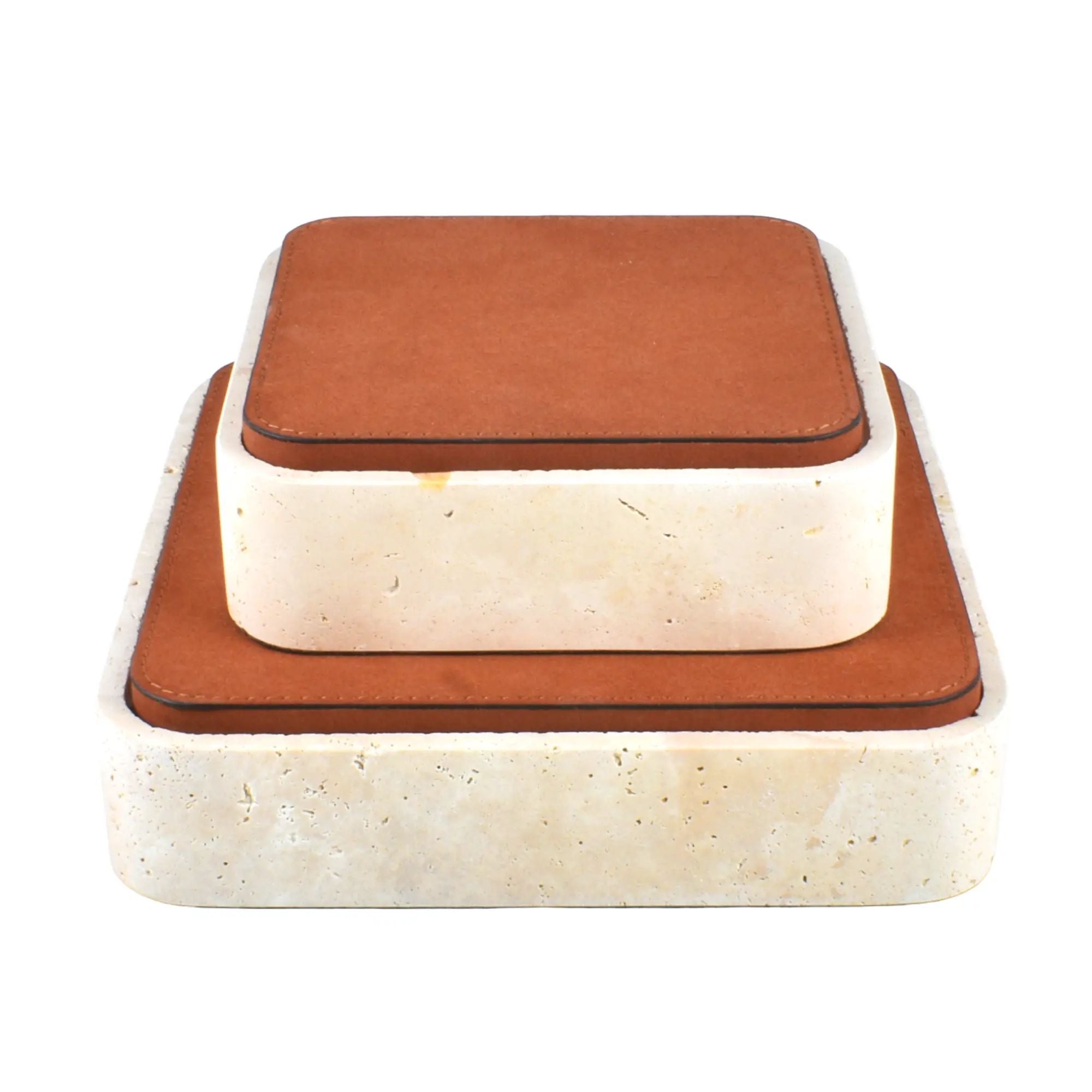 Aufbewahrungsbox - mit Lederdeckel - Quadratische Ablagedose Schmuckkästchen Linea Luxe Square Terrakot-Groß