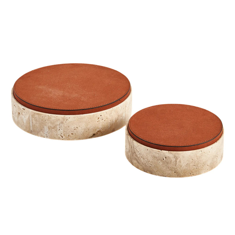 Aufbewahrungsbox - rund mit Lederdeckel - Terracotta Aufbewahrungsdose Naturstein Schmuckkästchen Linea Luxe