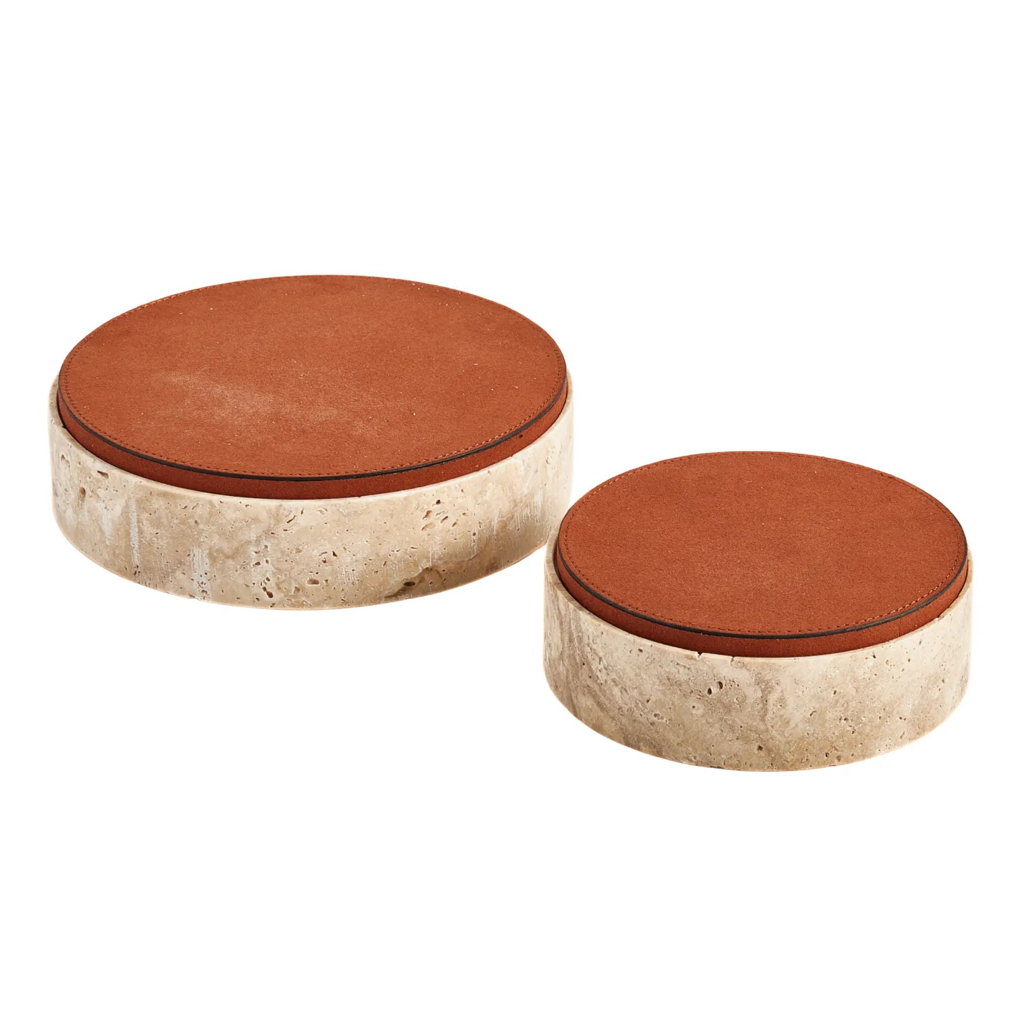 Aufbewahrungsbox - rund mit Lederdeckel - Terracotta Aufbewahrungsdose Naturstein Schmuckkästchen Linea Luxe Groß