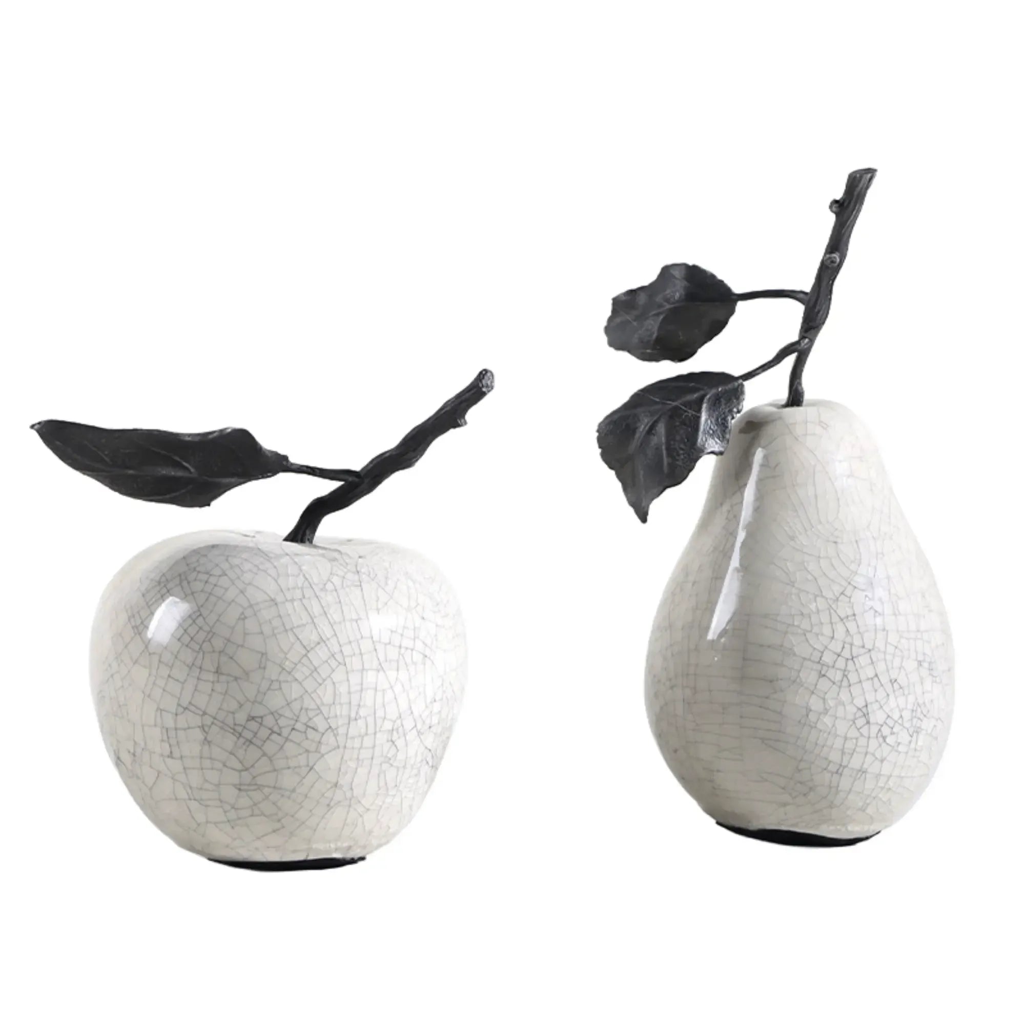 Obst-Deko-Set - Skulpturales Deko-Set – Keramik Craquelé mit geschwärztem Metall – Apfel & Birne Kunstobjekt Fructus Duo Birne-Krakelee