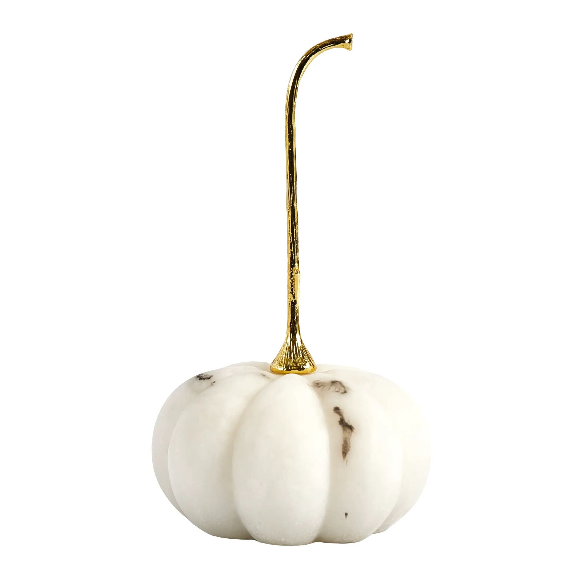 Kürbisfigur - Skulptur Puristisch – Weißer Marmor mit vergoldetem Stiel – Kürbis Deko-Objekt Aurum Cucurbita Kürbis-Breit