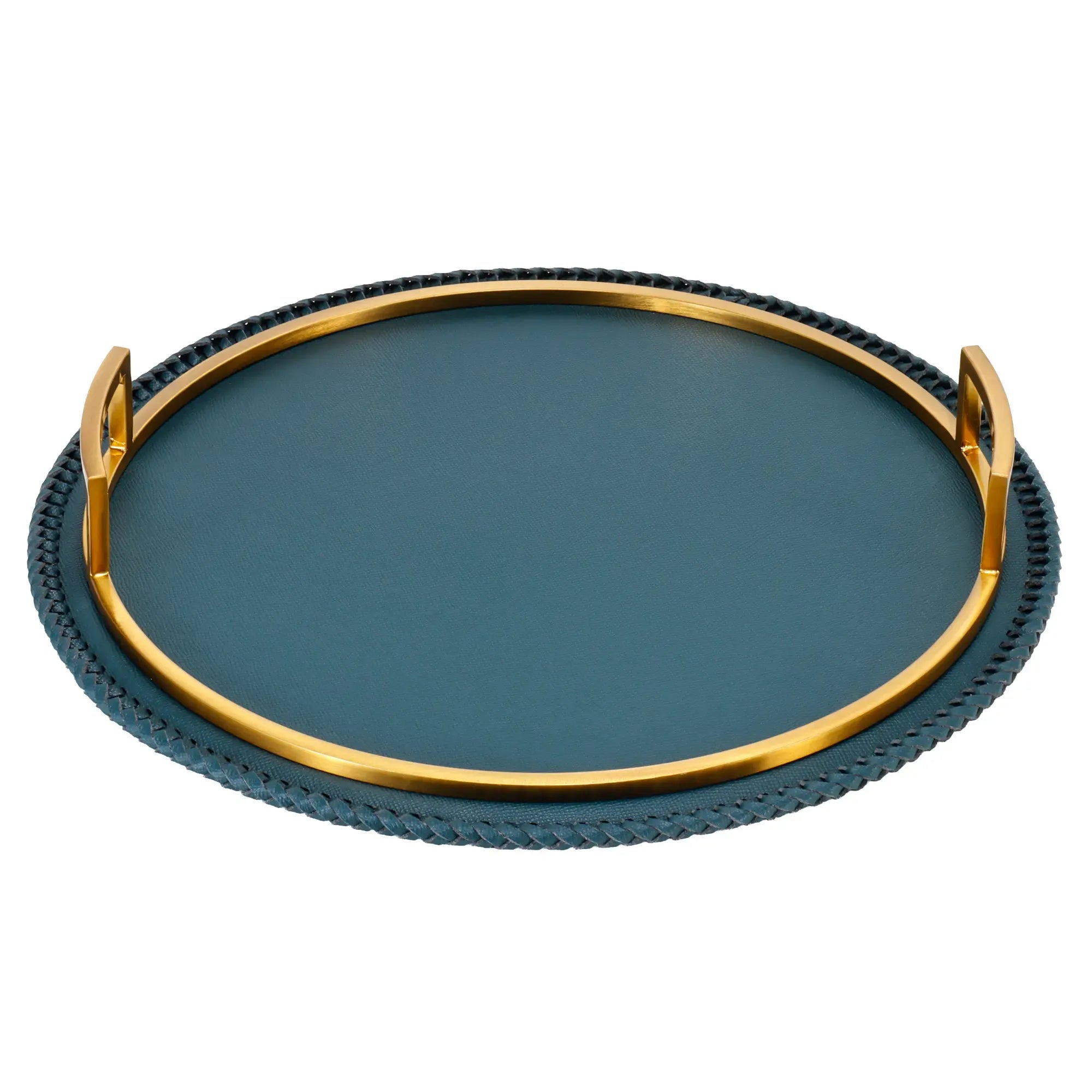 Serviertablett - Rundes Tablett – Kunstleder Petrol mit Griffen, handgenähte Serviertablage – Designobjekt Doré Nan