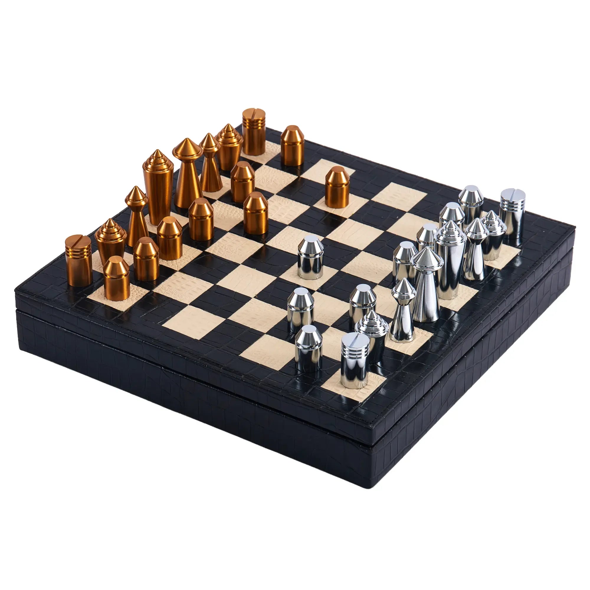 Schachspiel - Design-Brettspiel – Metall-Schach auf strukturiertem Lederkorpus, Chrom & Kupfer – Échecs Aurea Nan