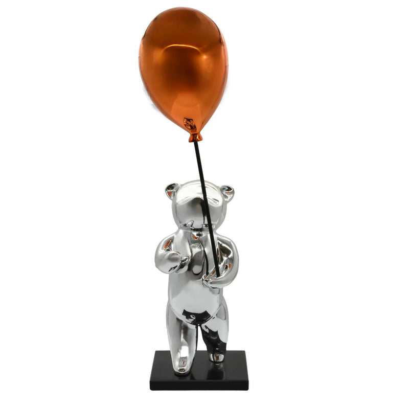 Cartoonfigur - Skulptur – Cartoon Chrom-Bär mit Ballon – Pop-Art Designobjekt Argentum