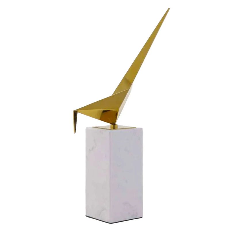Tierfigur - auf Marmorbasis - Skulpturale Dekofigur – Goldmetall auf Marmorsockel – Abstrakte Vogelstudie, origami-inspiriert Aurea Avis Duo