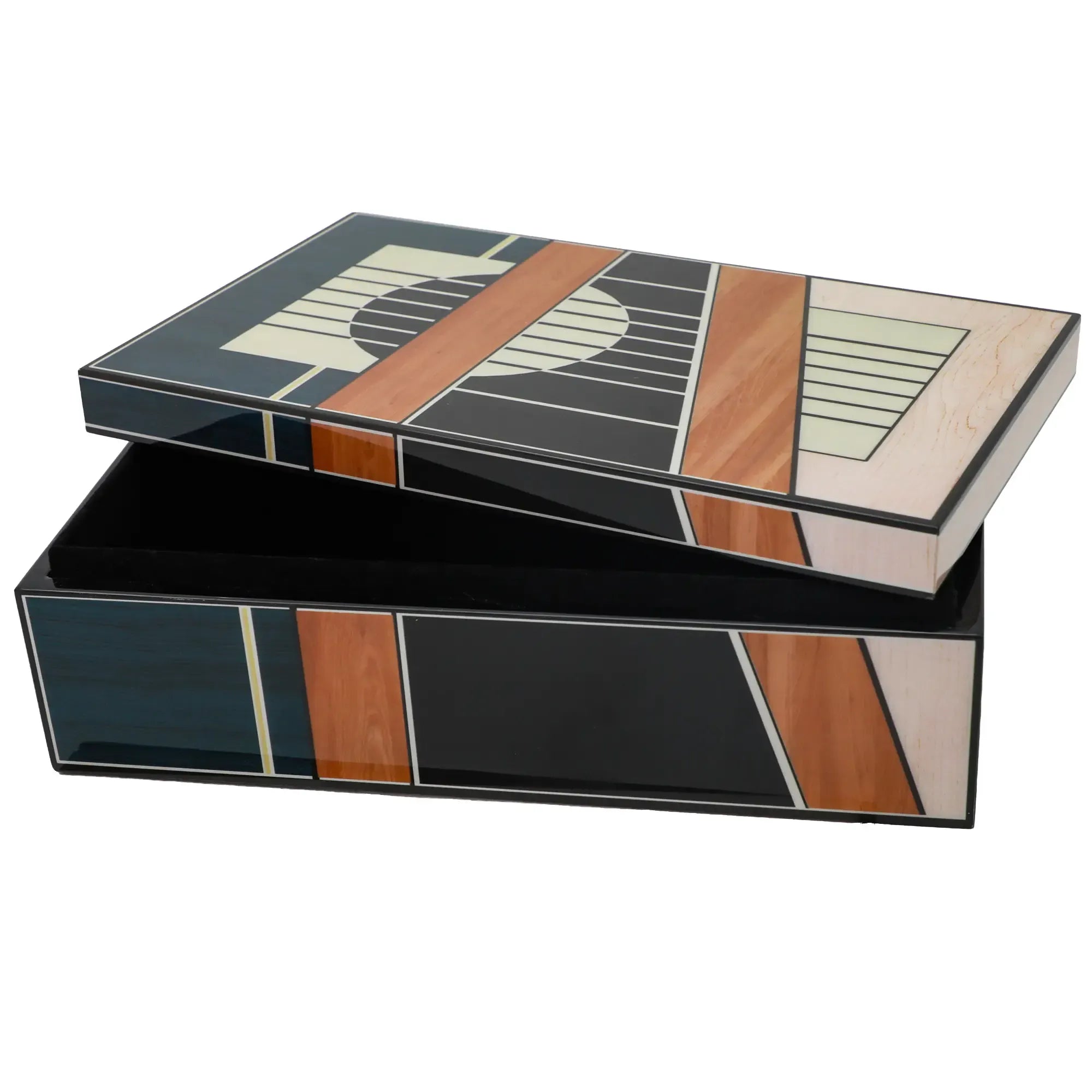 Schmuckbox - Schatulle geometrische Intarsien – Holz & Hochglanz-Lack Aufbewahrungsobjekt Art-Déco – Aurelia Nan