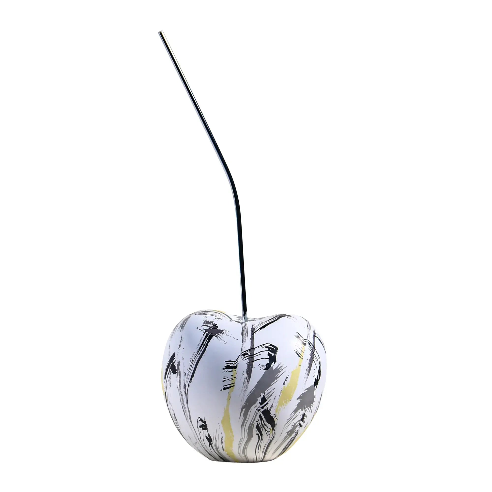 Kirschfigur - Skulpturales Deko-Objekt Kirsche – Keramik Weiß, Edelstahl-Stiel – Brush-Art & Hochglanz Variante – Aurea Bianca Abstrakt Art