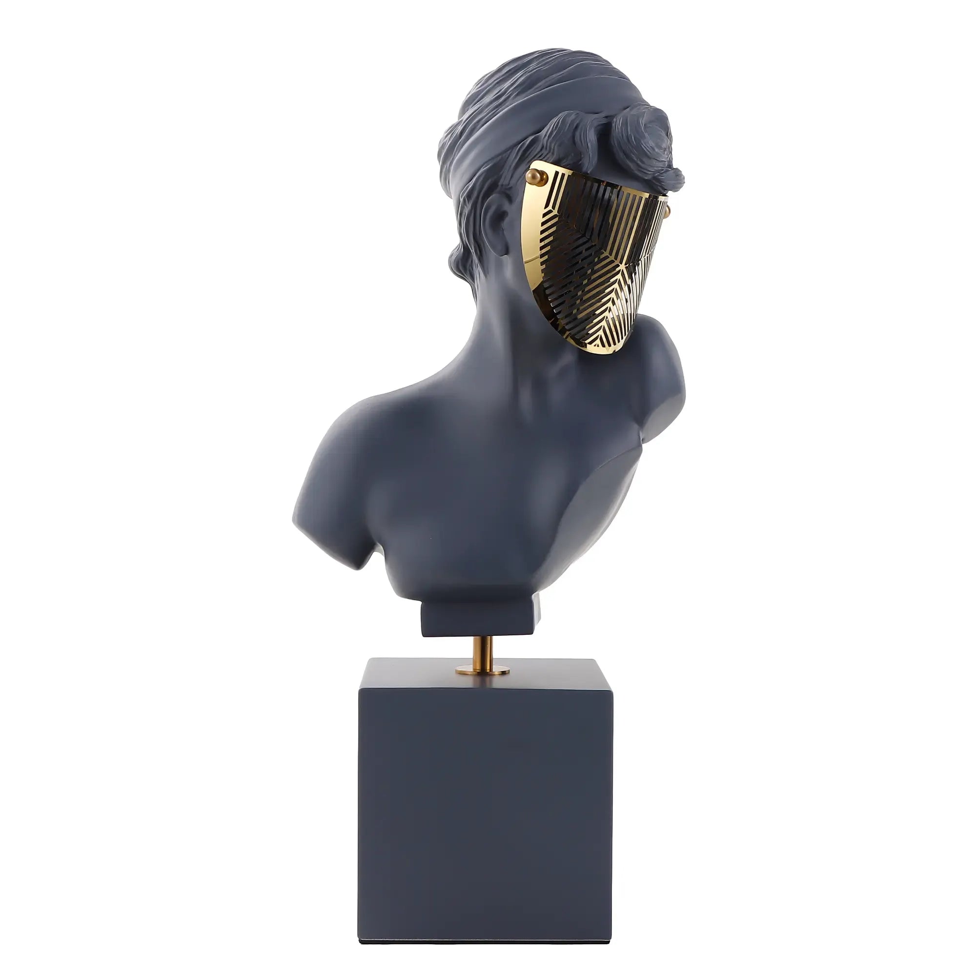 Dekobüste - Skulptur ausdrucksstarke Damenbüste – mattschwarze Kunstharz-Figur mit goldener Visierblende auf Sockel – Art-Déco Deko-Objekt Muse Aurata Nan