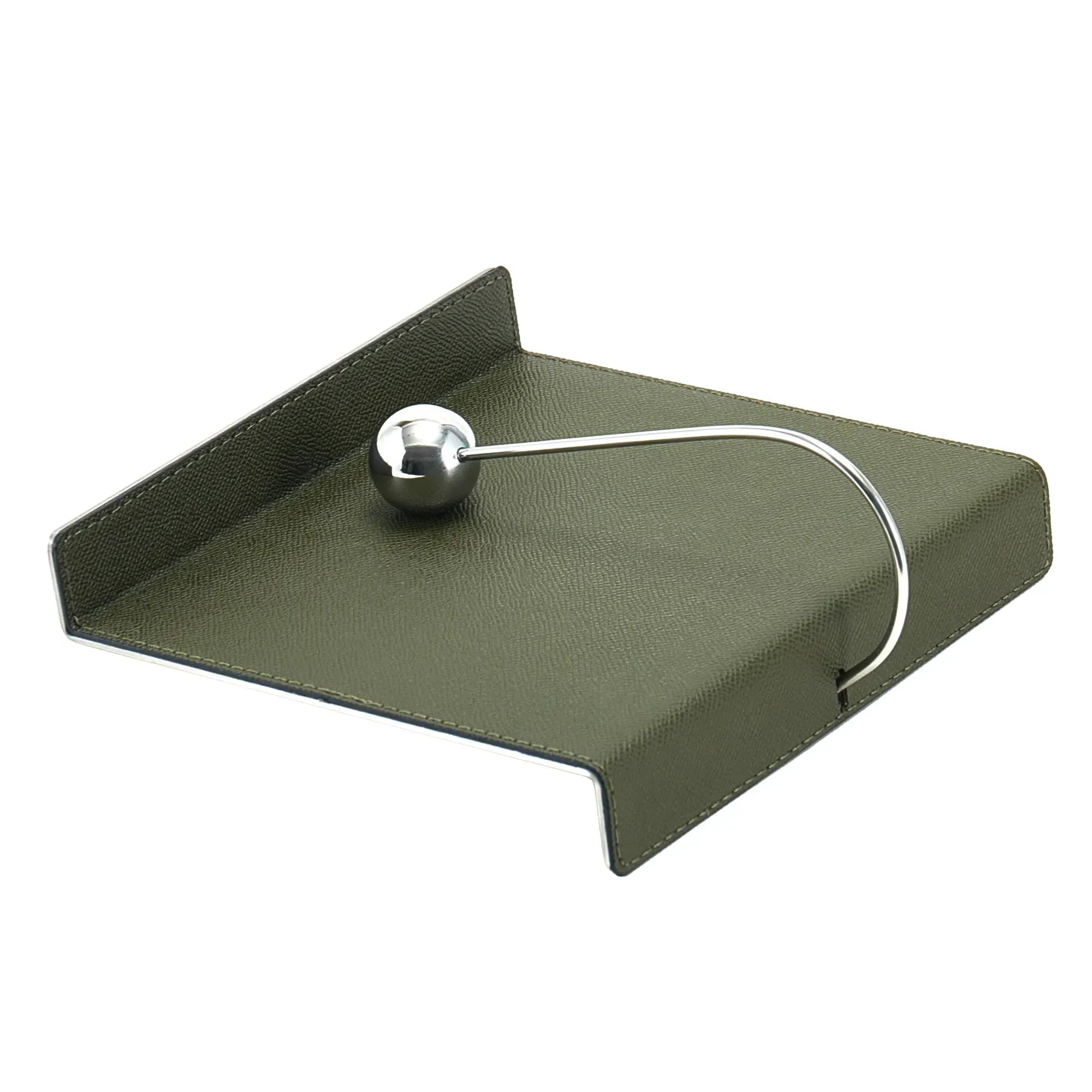 Serviettenhalter - Skulpturaler Tisch-Serviettenhalter – Olivgrüne Lederoptik mit poliertem Edelstahl-Kugelarm – Design-Küchenaccessoire Equilibre Nan