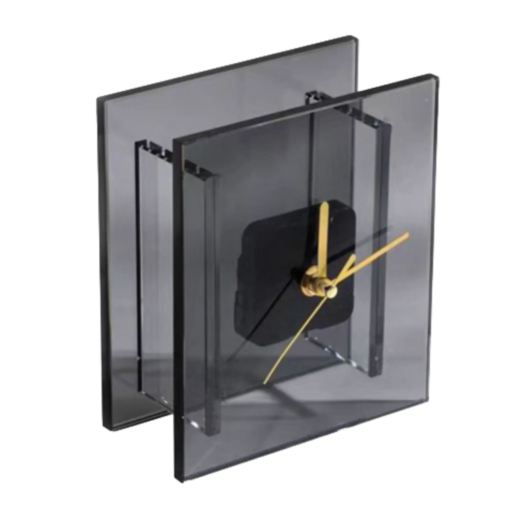 Tischuhr - mit Goldzeiger - Puristische Designuhr – Quadratische Rauchglas-Acryl Dekouhr mit goldenen Zeigern Noctis Aurum Nan