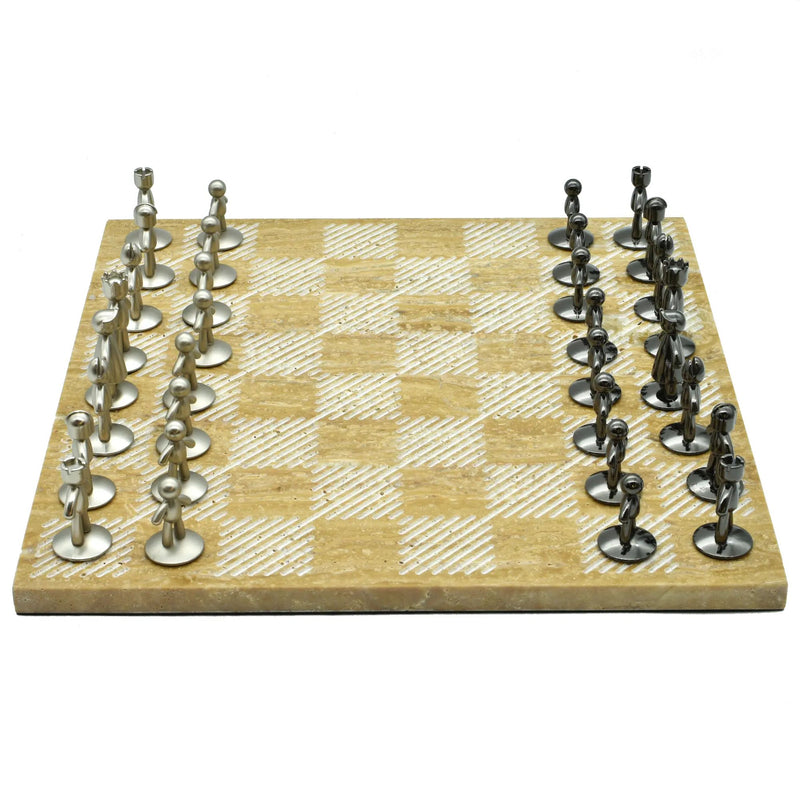 Schachspiel - Edles Tischspiel – Travertin-Schachbrett mit Metallfiguren – Design-Schach Ludus