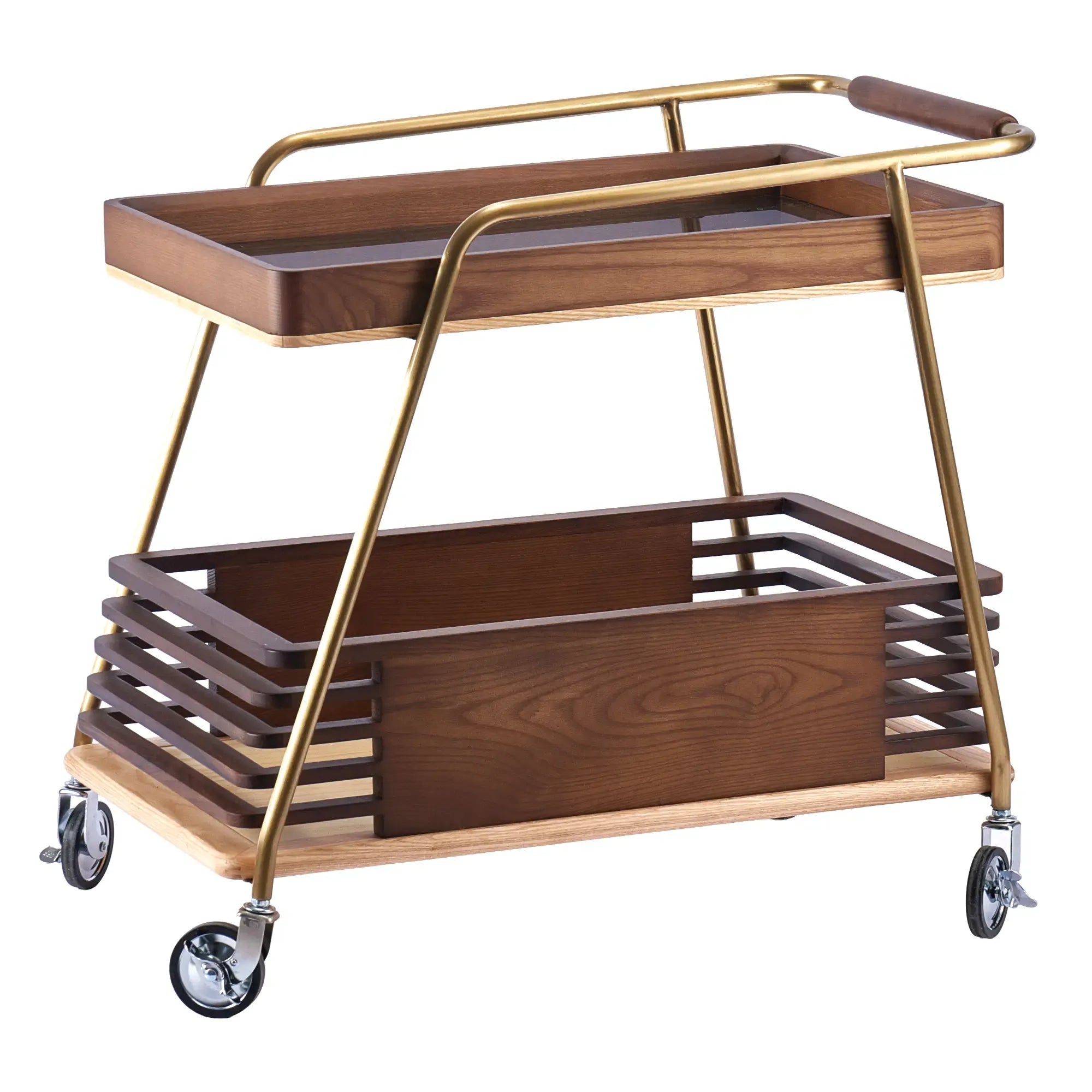 Servierwagen - Barwagen zweistufig – Nussbaumholz & Messingrahmen – Rollender Design-Trolley Mid‑Century Linea Aurea Nan