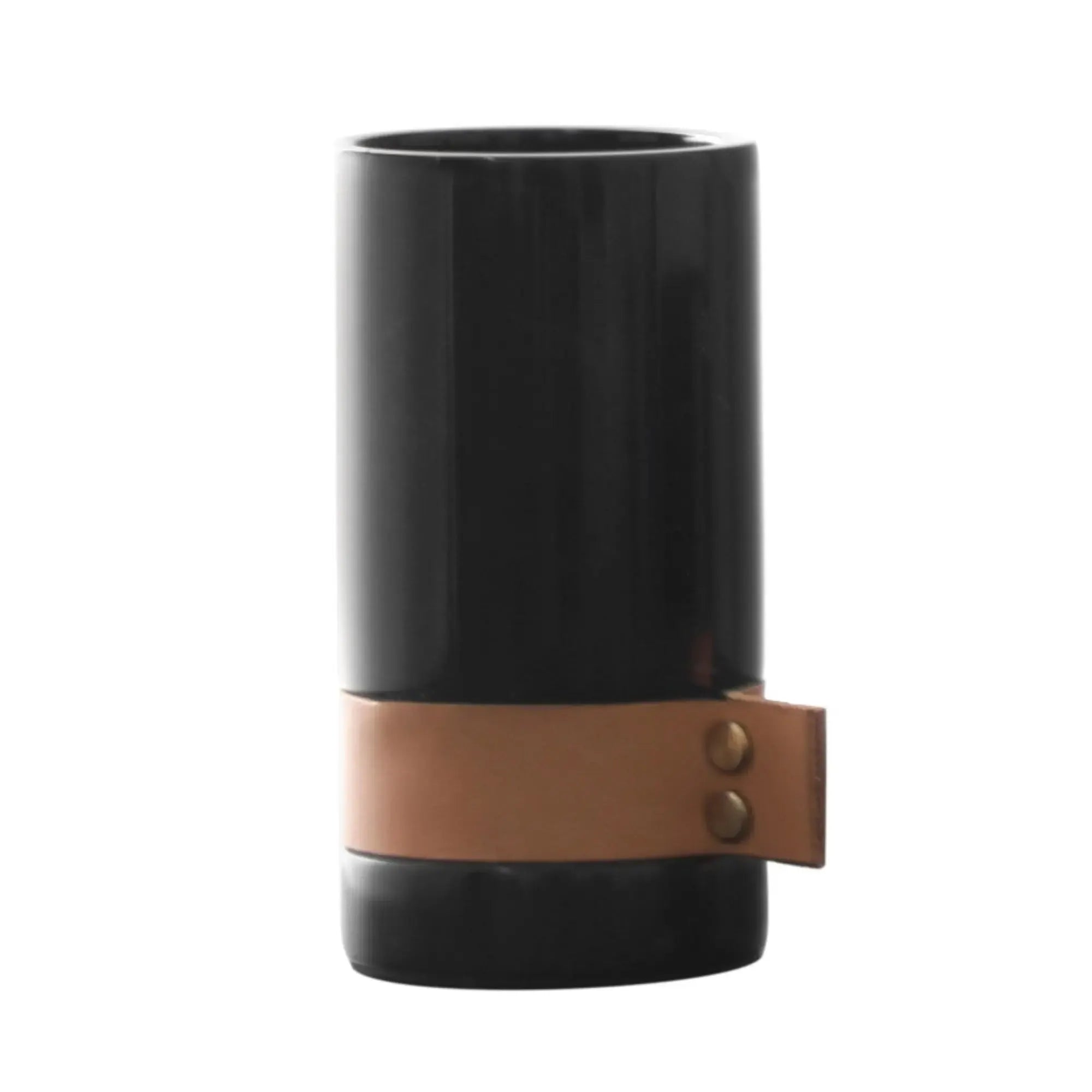 Marmorvase - rund mit Lederakzent - Kleine Tischvase Deko-Vase Stifthalter Marble Luxe Schwarz-Groß