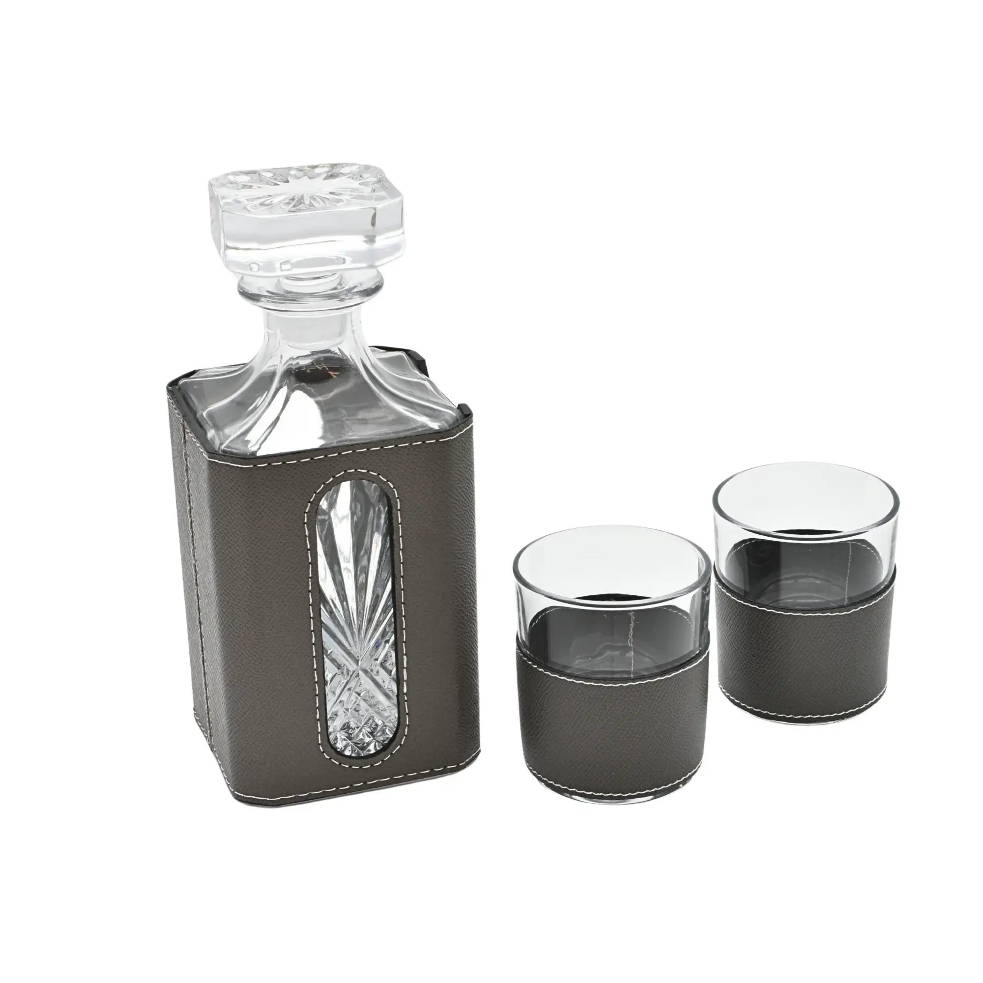 Whisky-Karaffen-Set - aus 3 Teilen mit Leder - Modernes Whiskyglas-Set Kunstlederumrandung Luxe Grau