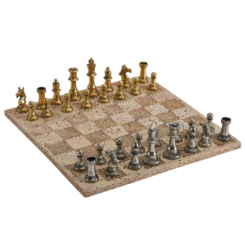 Schachspiel - Erlesenes Brettspiel – Schach-Set auf Steinplatte mit Metallfiguren in Gold & Silber Aurea Argentum Classique