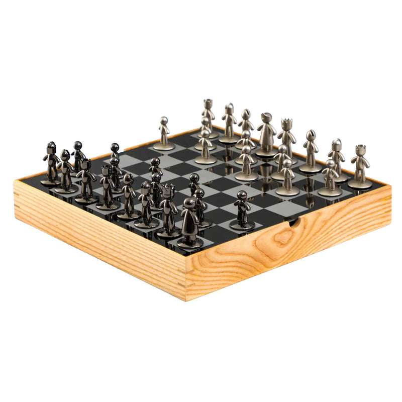 Schachspiel - Skulpturales Brettspiel aus Metall & Holz – Modernes Schach-Set mit figurativen Figuren – Persona Échecs