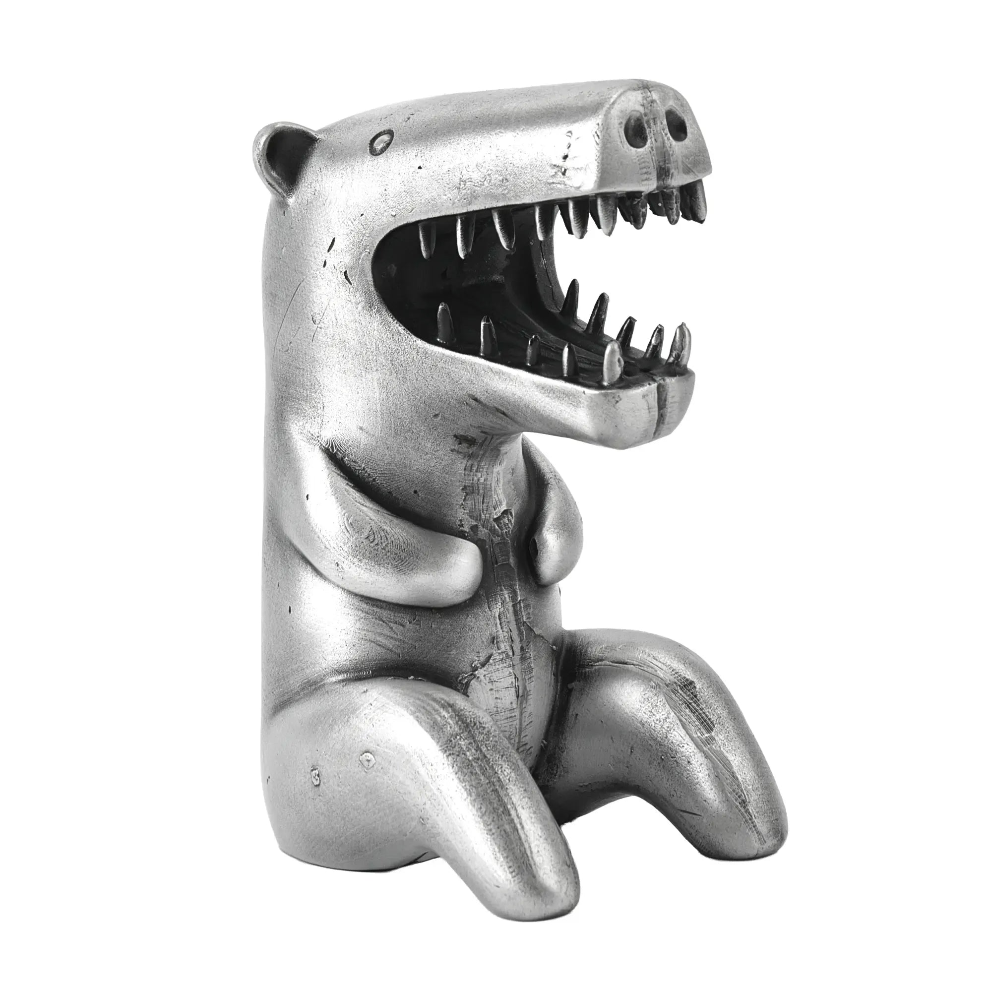 Cartoonfigur - Dino T-Rex Skulptur – Metallguss Dekofigur Silber – Abstrakte Dinosaurier Sammler-Deko Bestia Nan