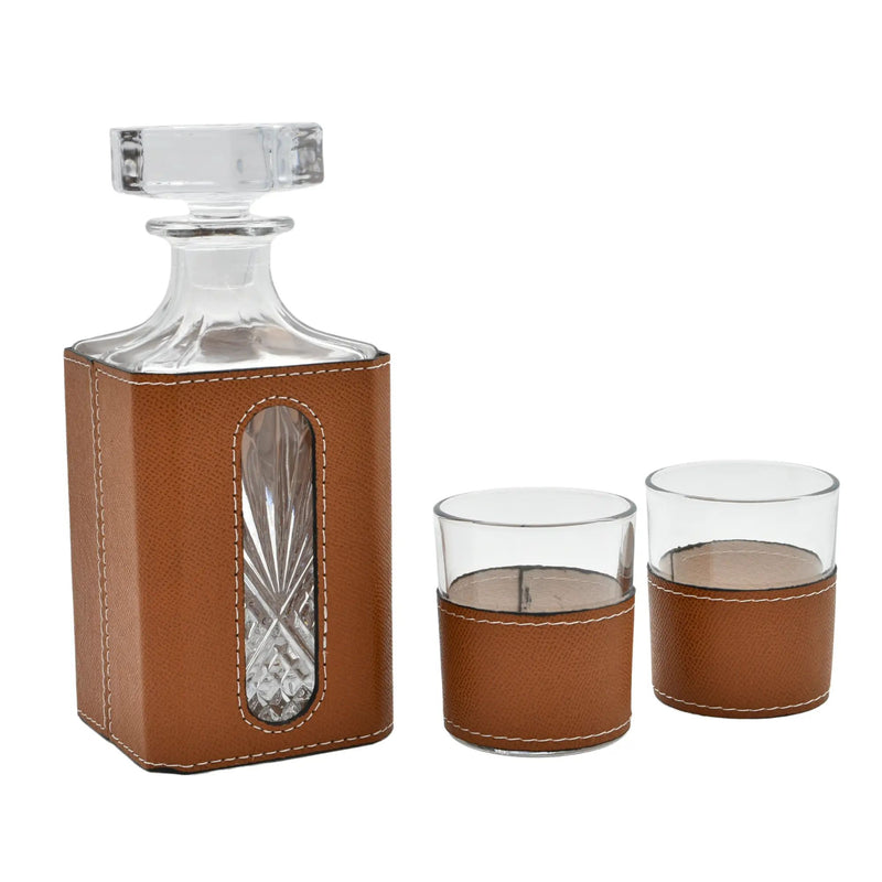 Whisky-Karaffen-Set - aus 3 Teilen mit Leder - Modernes Whiskyglas-Set Kunstlederumrandung Luxe