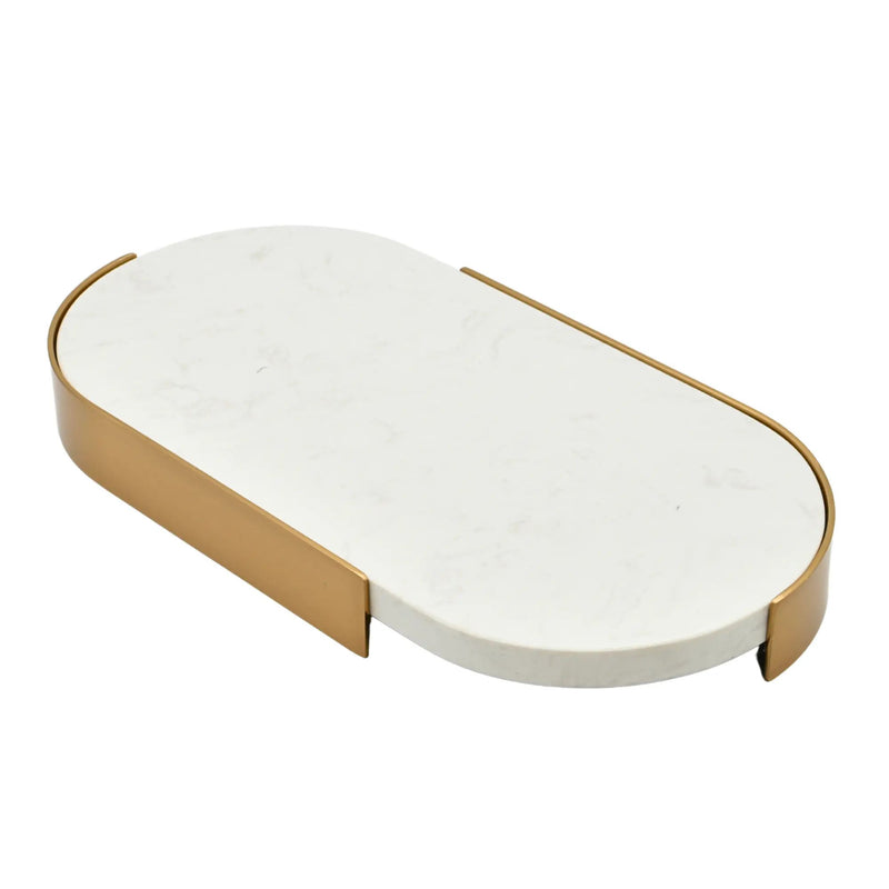 Marmortablett - oval mit Goldkante - Luxus Serviertablett Dekorationsplatte Plateau Élégance