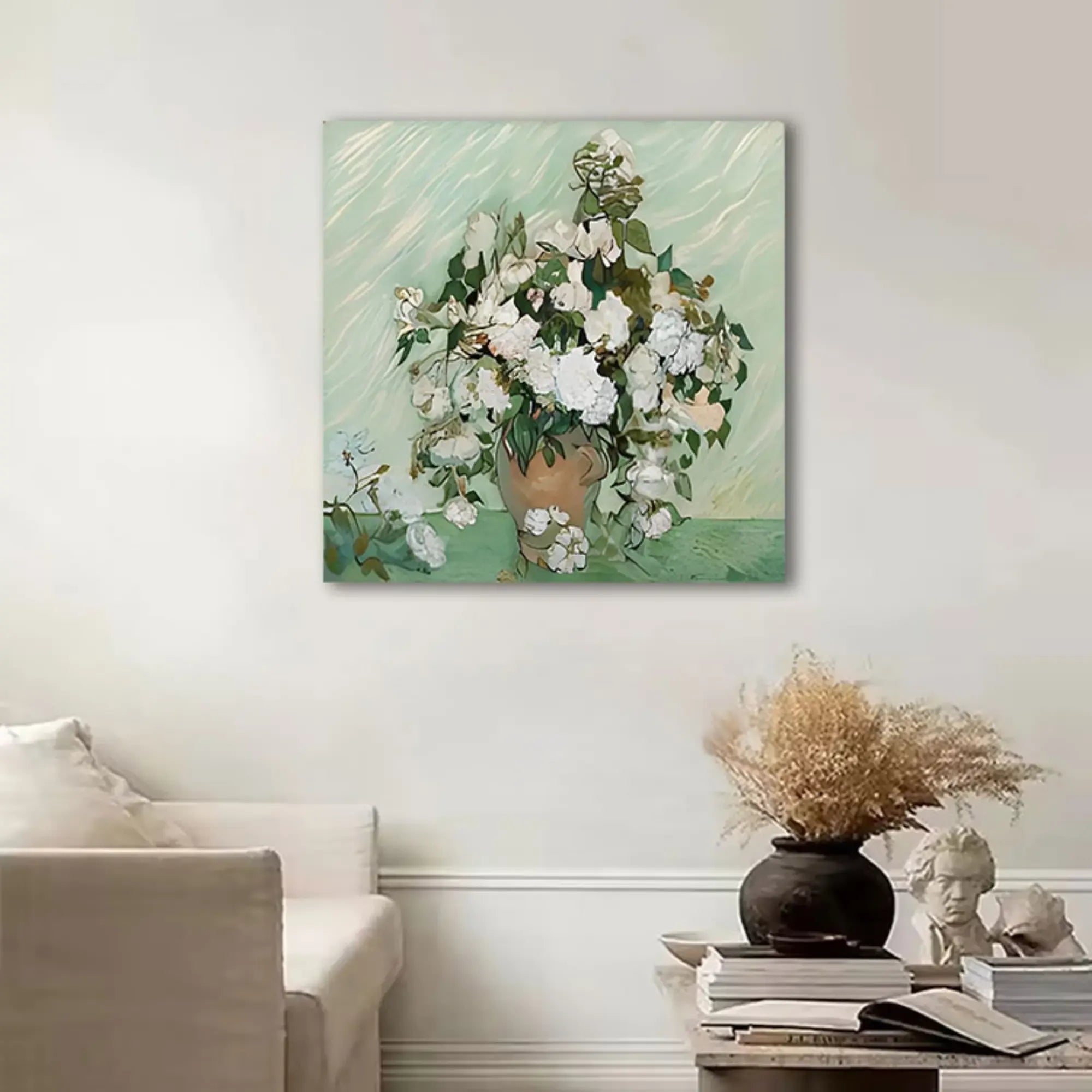 Großes Gemälde - Van Goghs Weiße Rosen in Vase, Reproduktion - Flores Blancas