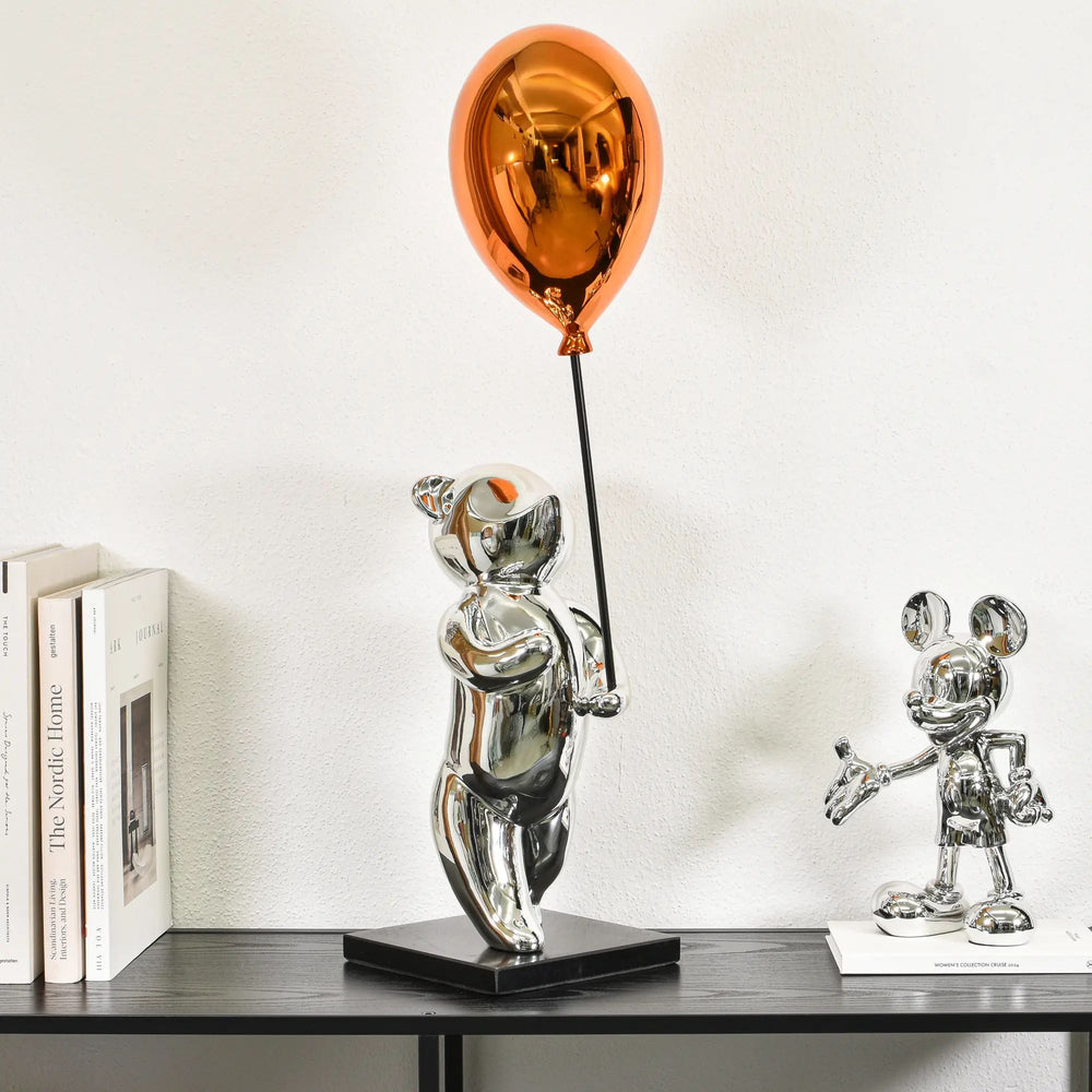 Cartoonfigur - Skulptur – Cartoon Chrom-Bär mit Ballon – Pop-Art Designobjekt Argentum