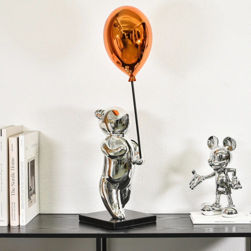 Cartoonfigur - Skulptur – Cartoon Chrom-Bär mit Ballon – Pop-Art Designobjekt Argentum