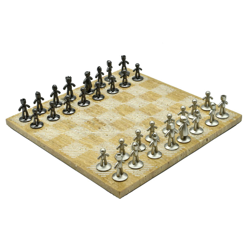 Schachspiel - Edles Tischspiel – Travertin-Schachbrett mit Metallfiguren – Design-Schach Ludus