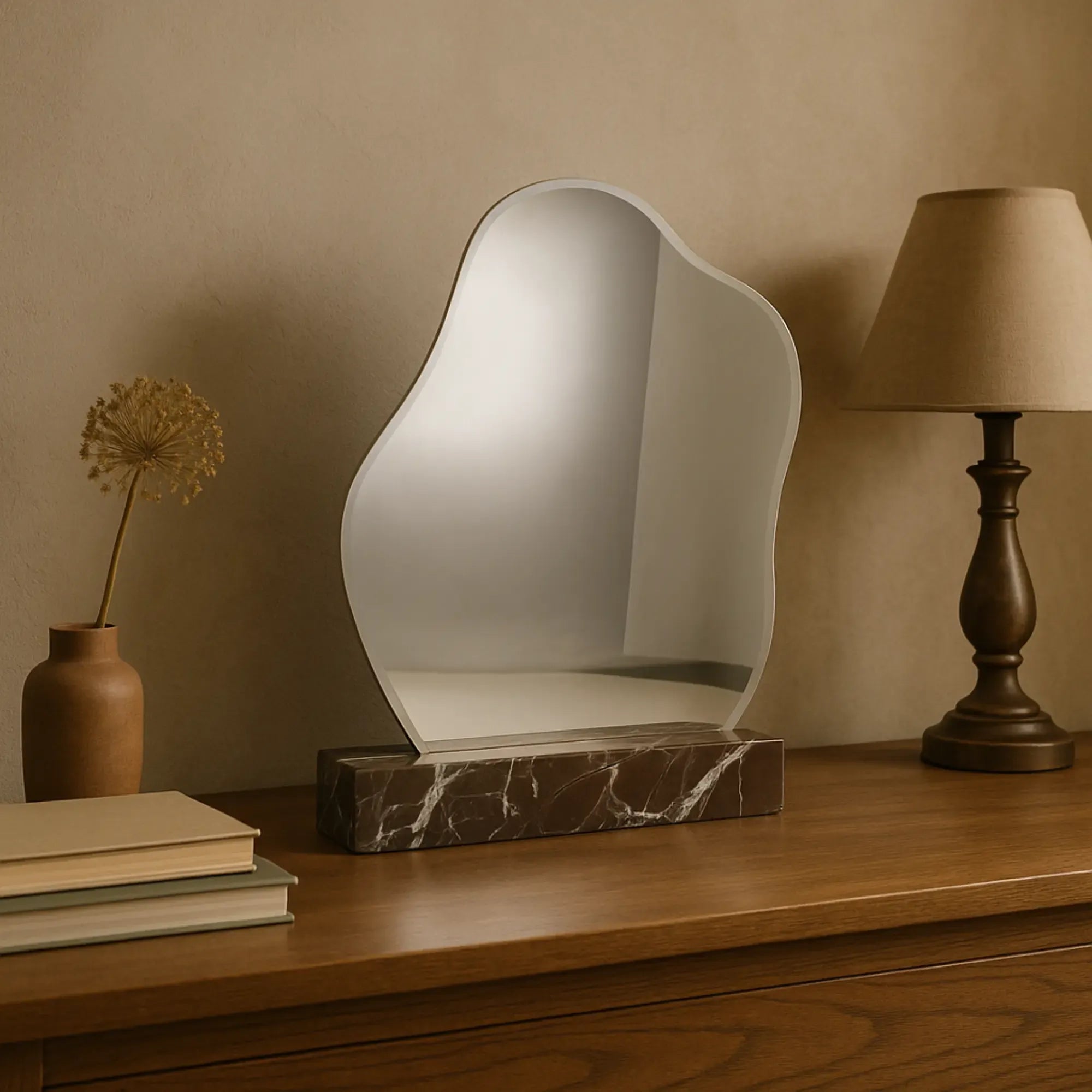 Tischspiegel - mit Marmorständer - Designer Deko-Spiegel edles Schminkspiegel Wave Reflection