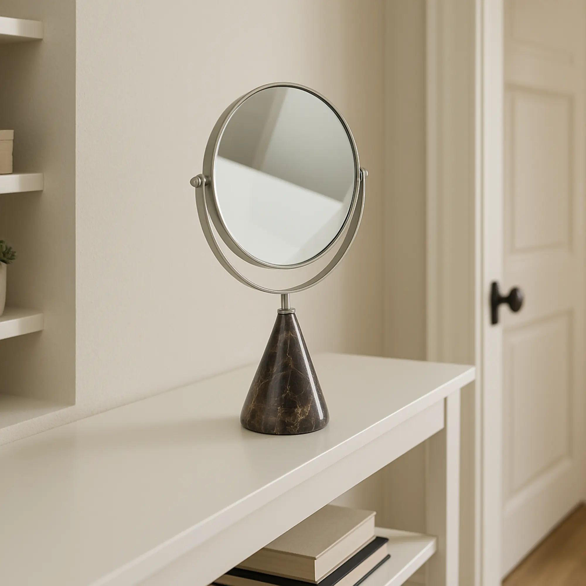 Kosmetikspiegel - drehbar auf Marmorfuß - Edles Schminkspiegel rundes Kosmetikspiegel Reflector Luxe Braun