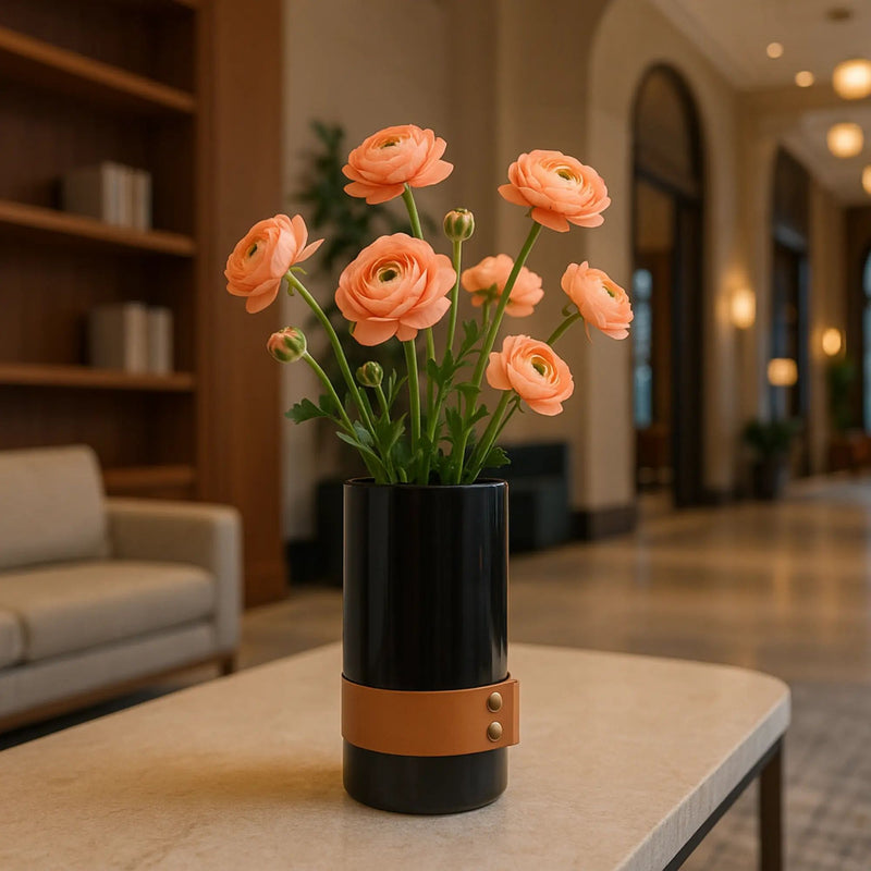 Marmorvase - rund mit Lederakzent - Kleine Tischvase Deko-Vase Stifthalter Marble Luxe