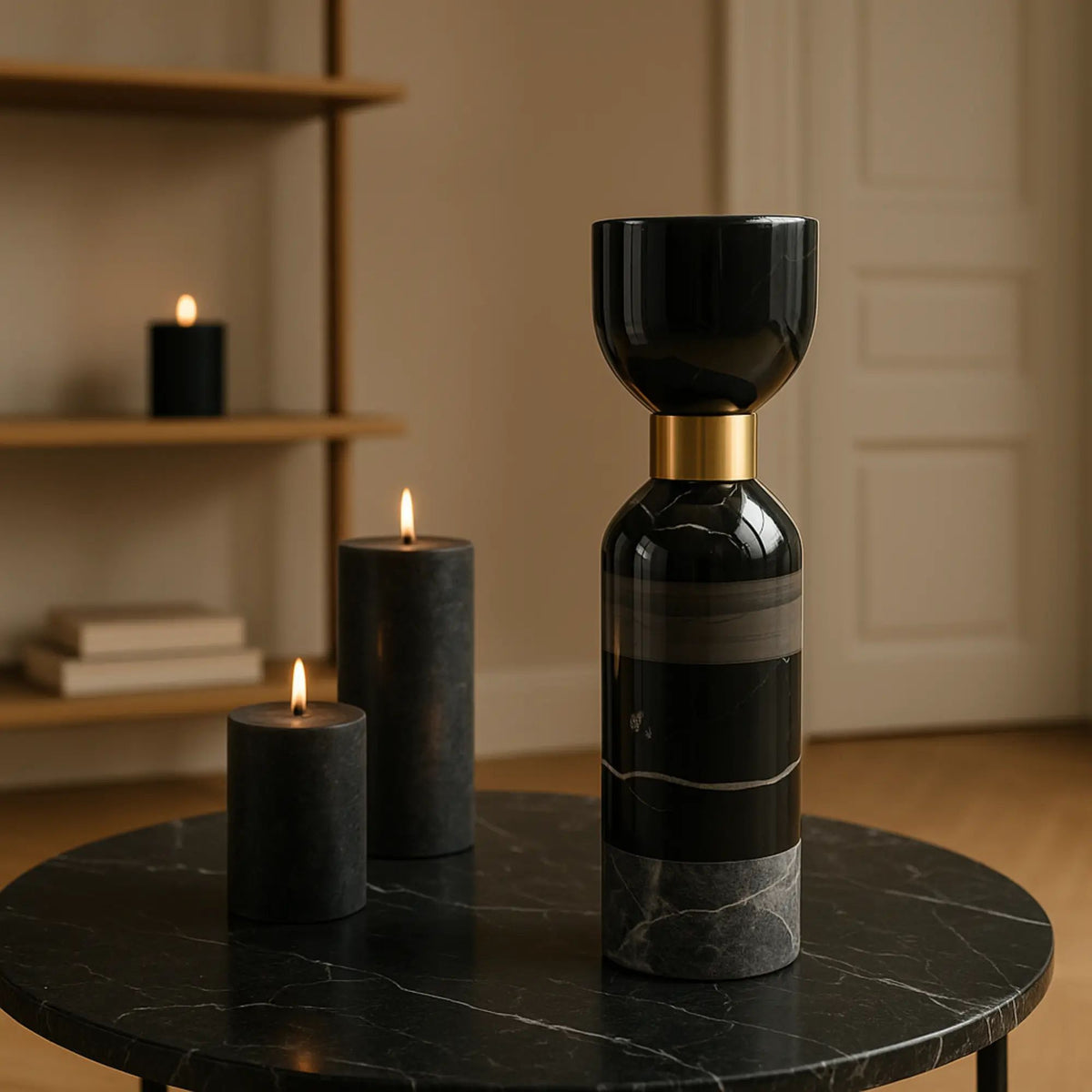Kerzenständer - Marmor mit Goldakzent - Tischdeko Kerzenhalter edles Kerzenleuchter Obsidian Elegance
