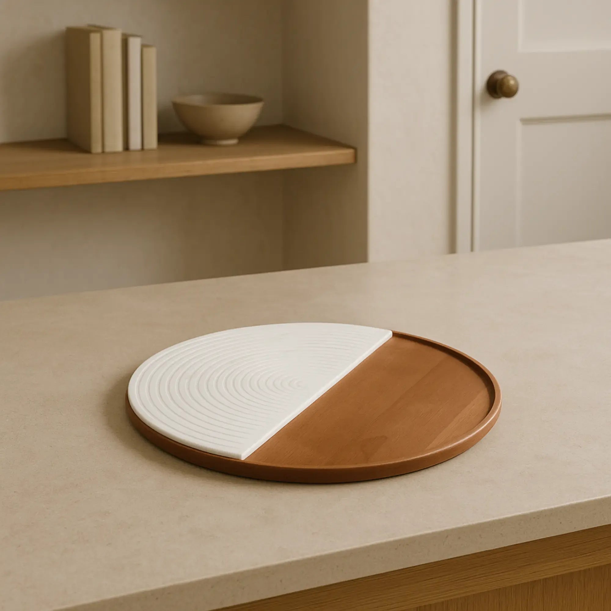 Rundes-Tablett - Walnuss mit Marmor 35cm - Edles Deko-Tablett Serviertablett aus Walnussholz Plateau Lunaire