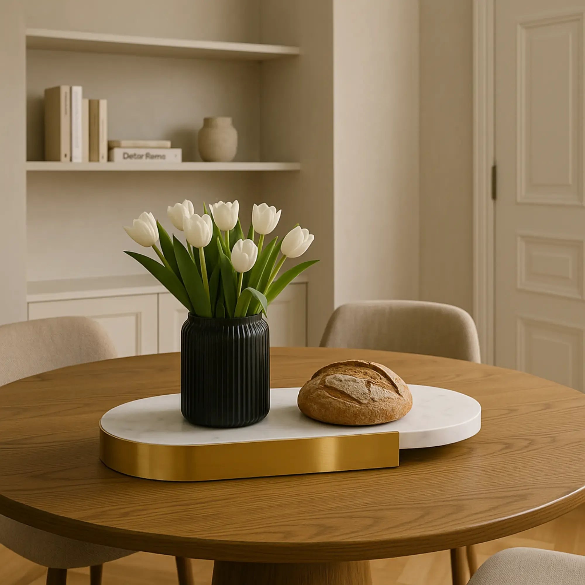 Marmortablett - oval mit Goldkante - Luxus Serviertablett Dekorationsplatte Plateau Élégance Groß