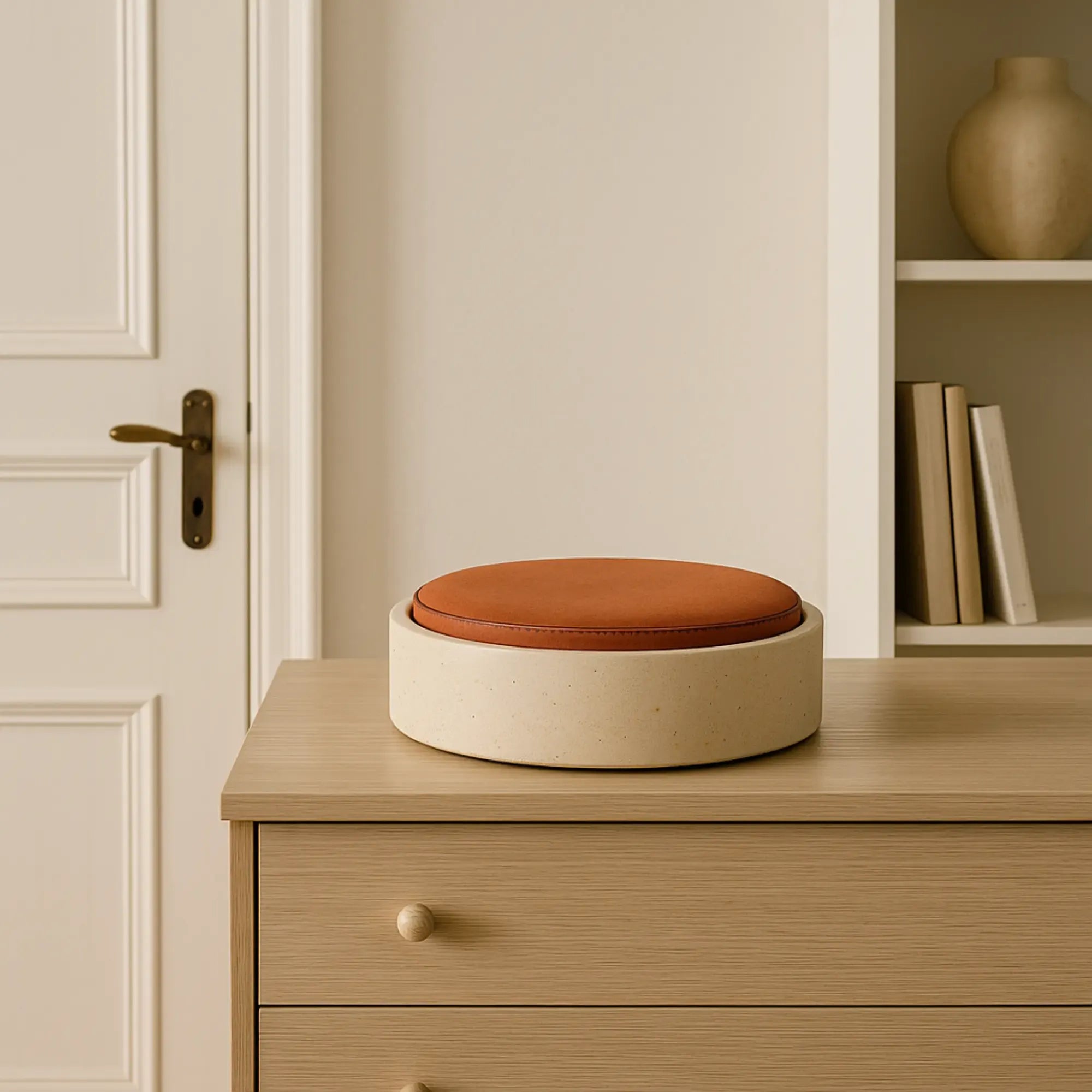 Travertin-Dose - rund mit Lederdeckel - Terracotta Aufbewahrungsdose Naturstein Schmuckbox Linea Luxe