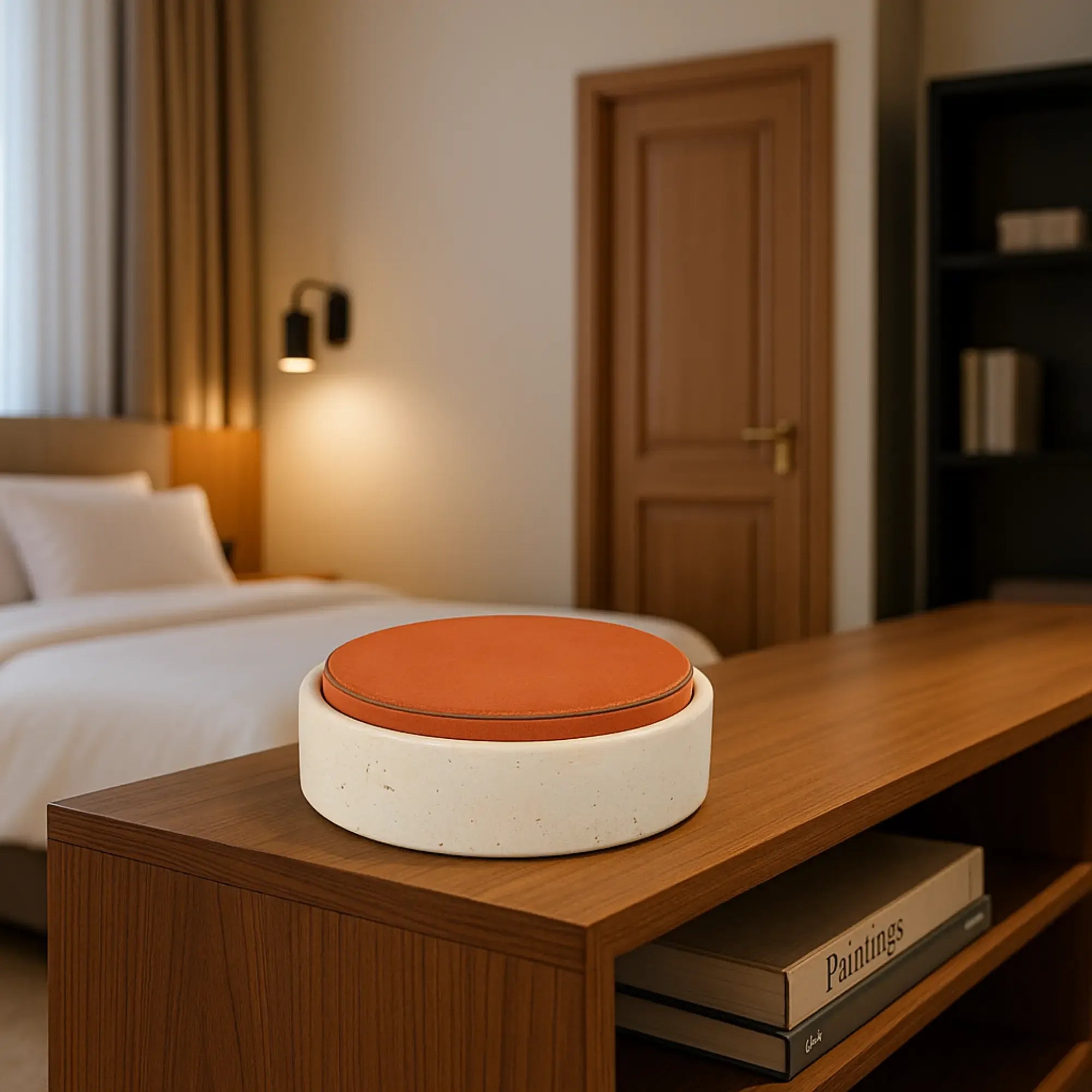 Travertin-Dose - rund mit Lederdeckel - Terracotta Aufbewahrungsdose Naturstein Schmuckbox Linea Luxe