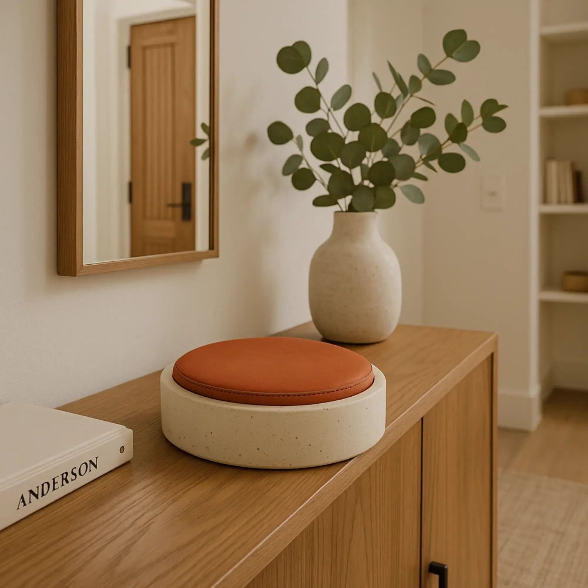 Travertin-Dose - rund mit Lederdeckel - Terracotta Aufbewahrungsdose Naturstein Schmuckbox Linea Luxe