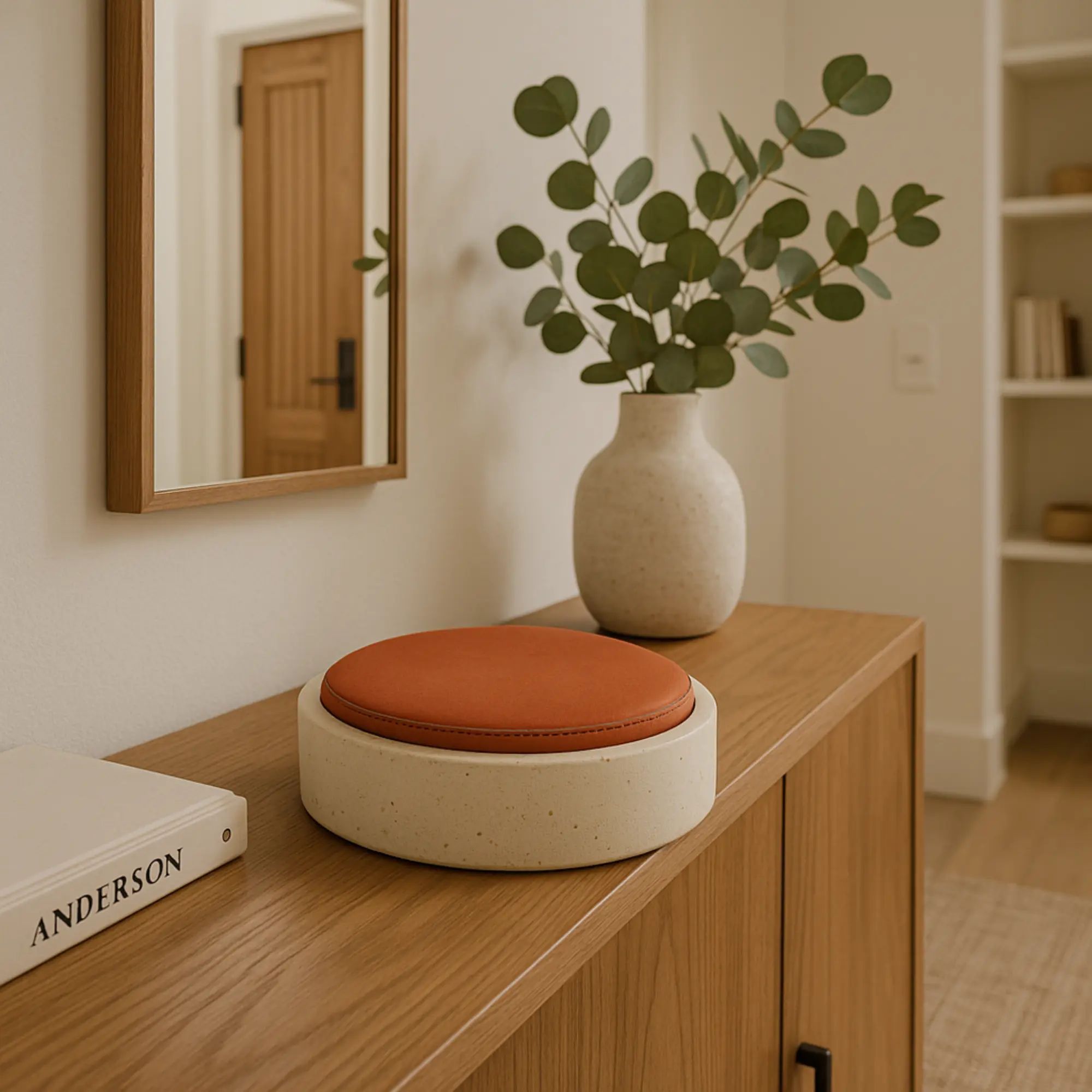 Aufbewahrungsbox - rund mit Lederdeckel - Terracotta Aufbewahrungsdose Naturstein Schmuckkästchen Linea Luxe Groß