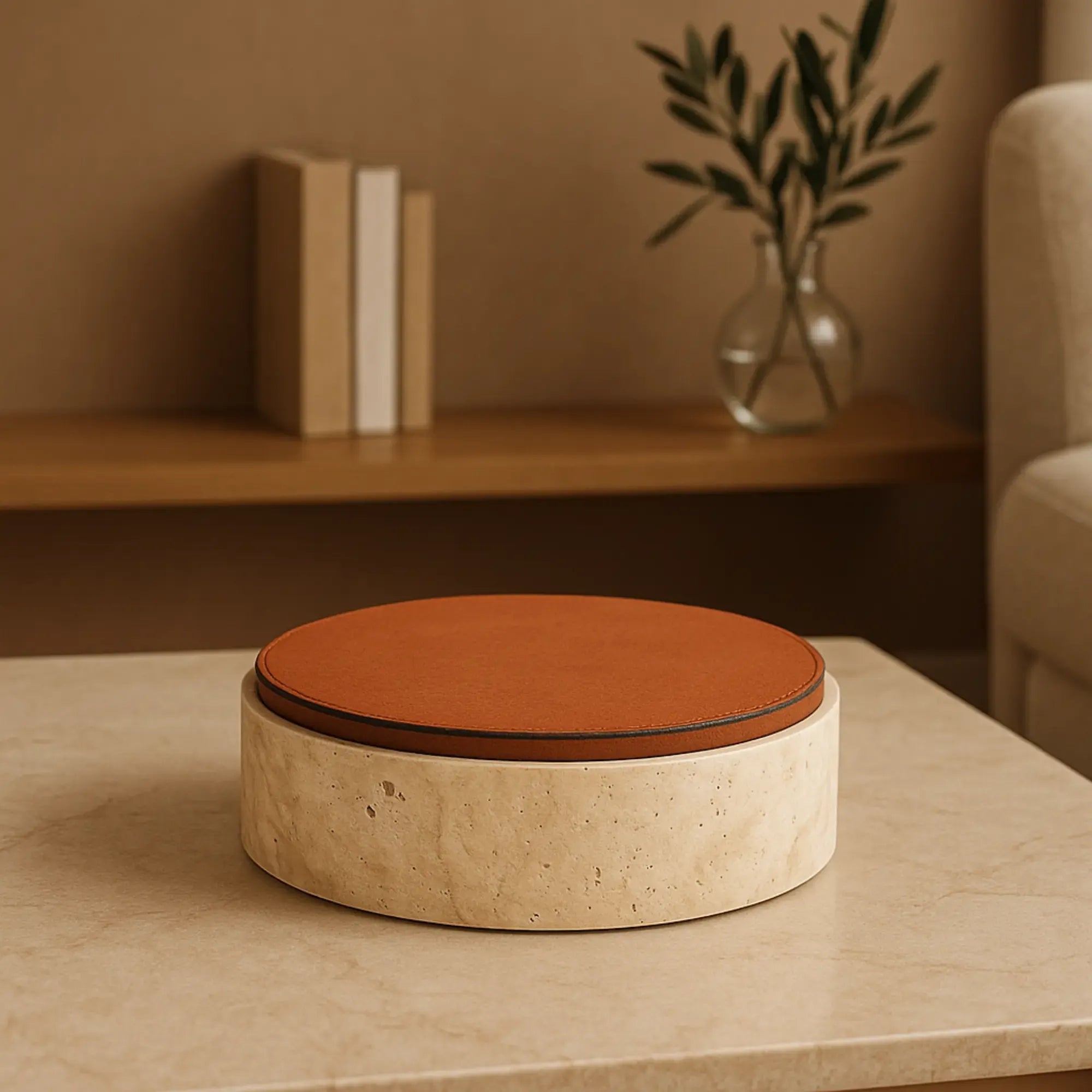Travertin-Dose - rund mit Lederdeckel - Terracotta Aufbewahrungsdose Naturstein Schmuckbox Linea Luxe