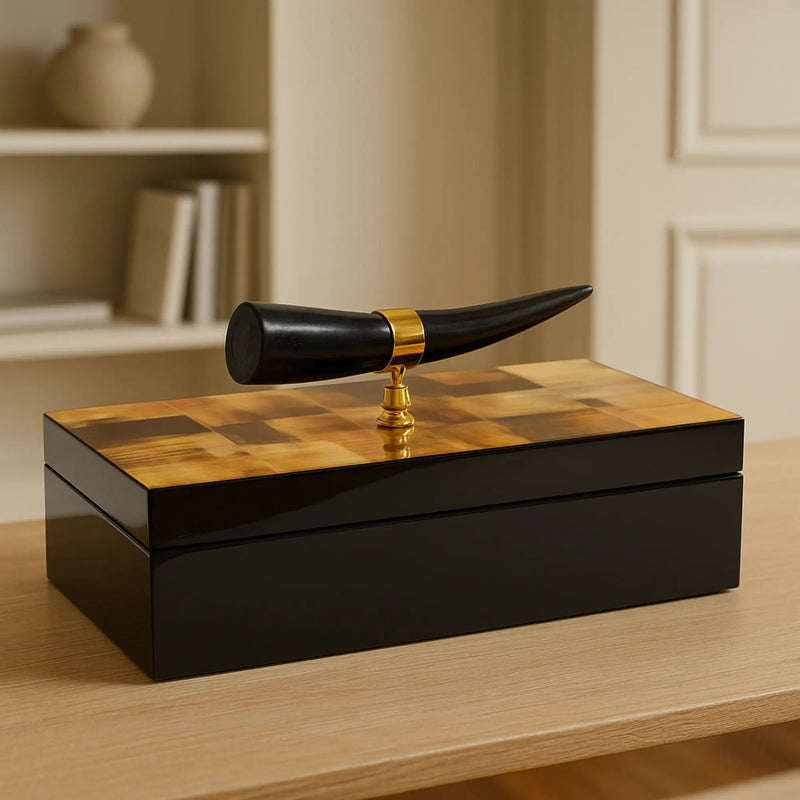 Holzschatulle - rechteckig mit Deckel - Design Aufbewahrungsbox Horn-Deko Schmuckkasten Evidenza